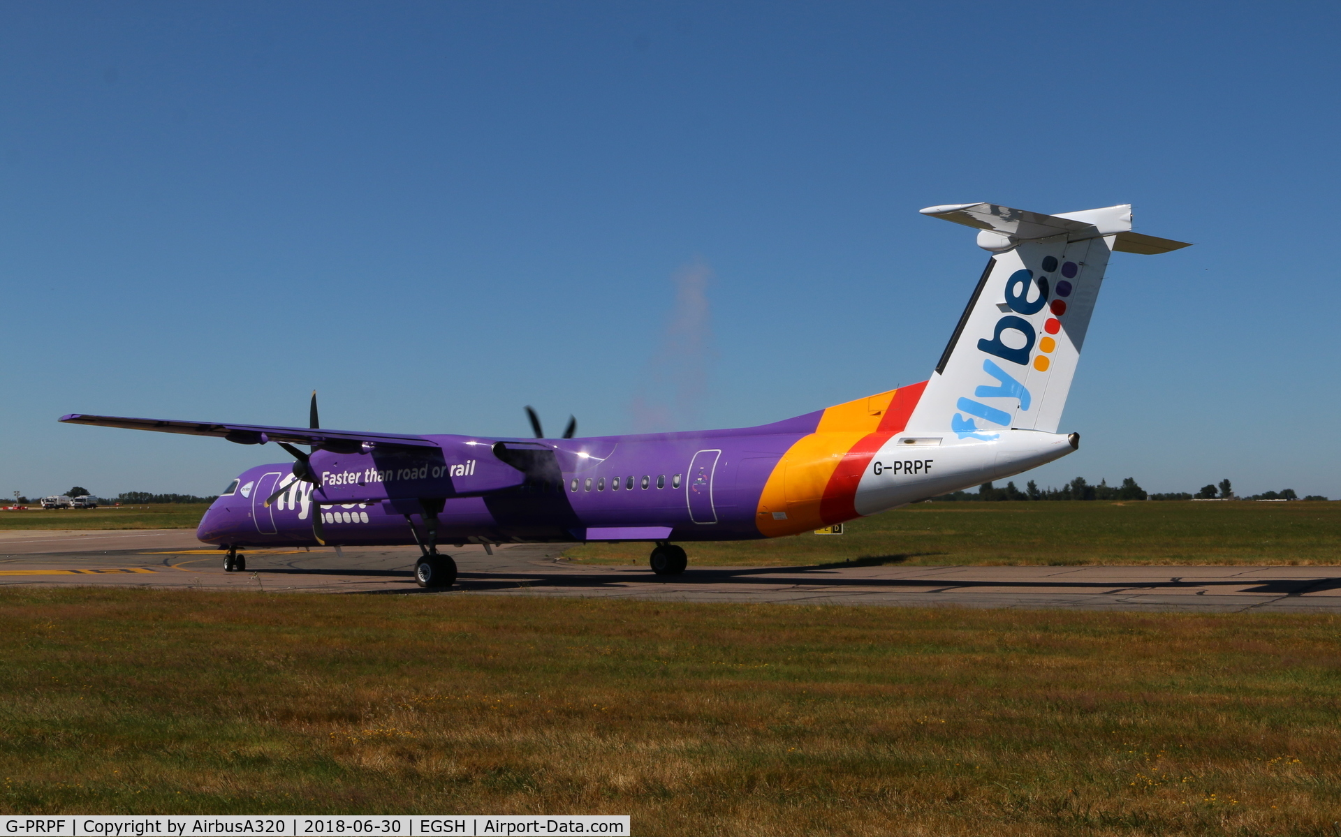 G-PRPF, 2008 Bombardier DHC-8-402 Dash 8 C/N 4195, departing for Jersey with a smoky start on the port engine