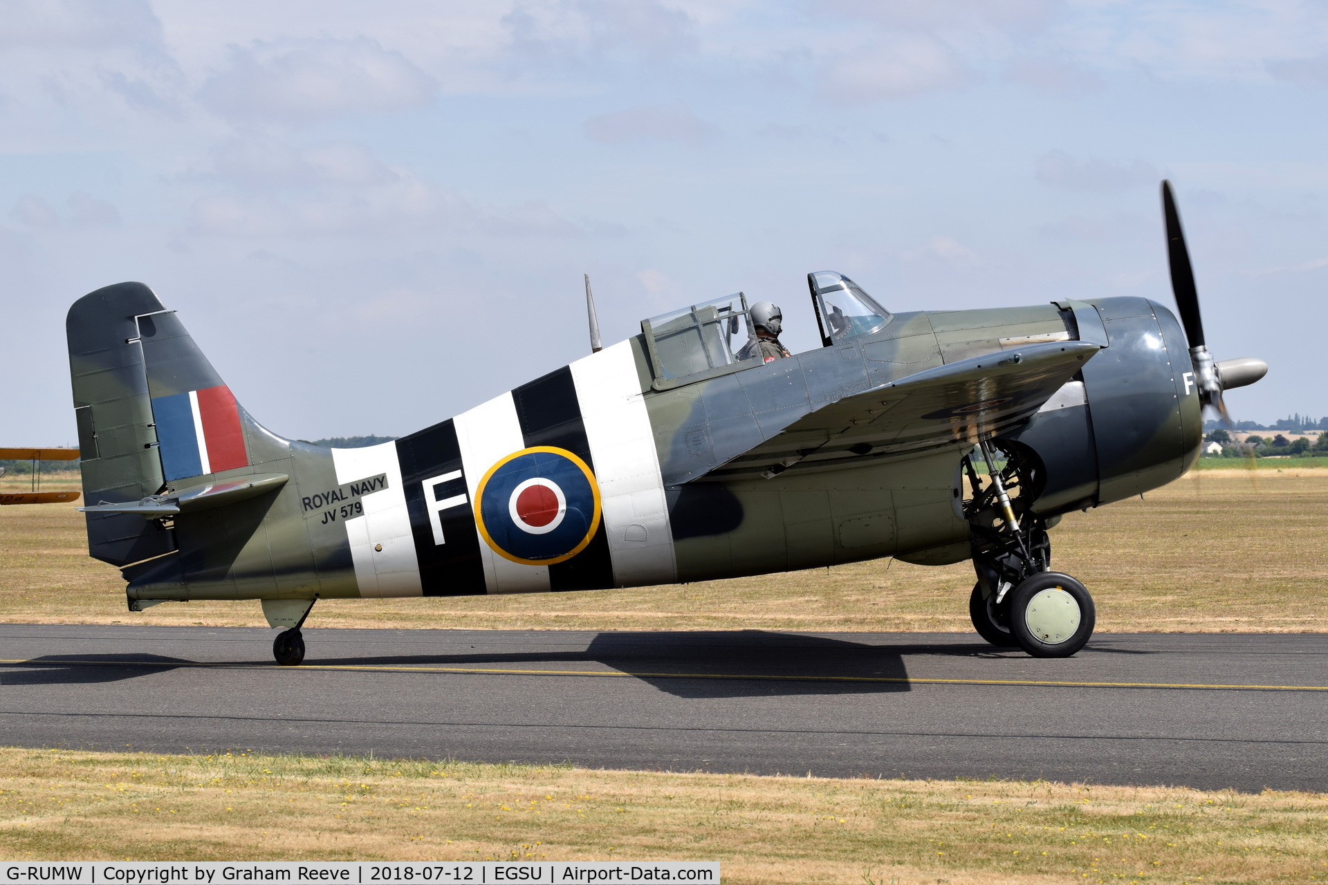 G-RUMW, 1944 General Motors (Grumman) FM-2 Wildcat C/N 5765, Departing from Duxford.