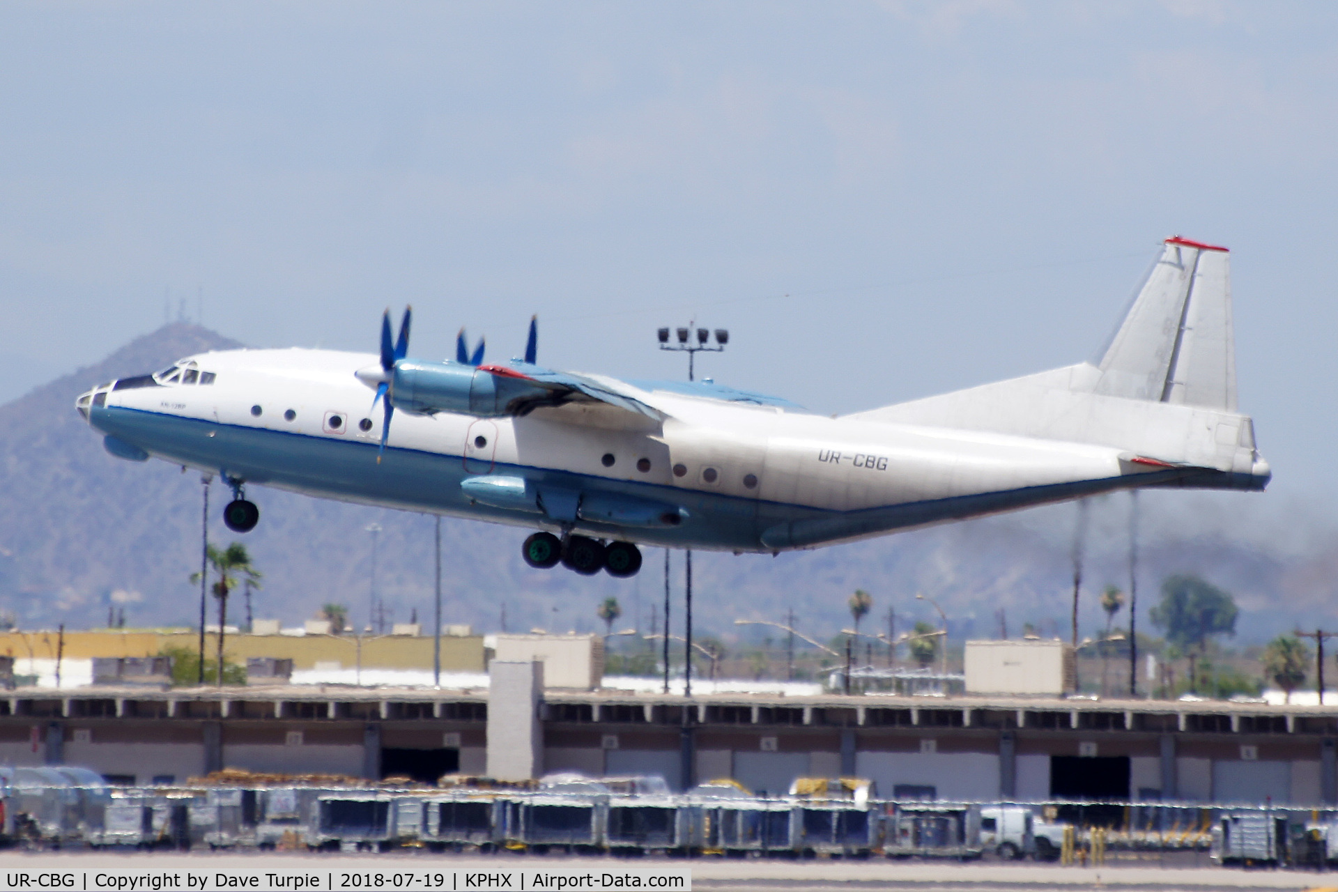 UR-CBG, 1966 Antonov An-12BP C/N 6343705, Taking off to Montreal (YMX).  This Cavok Air flight is a really unusual visitor to PHX.  I was far away so the picture is fuzzy.
