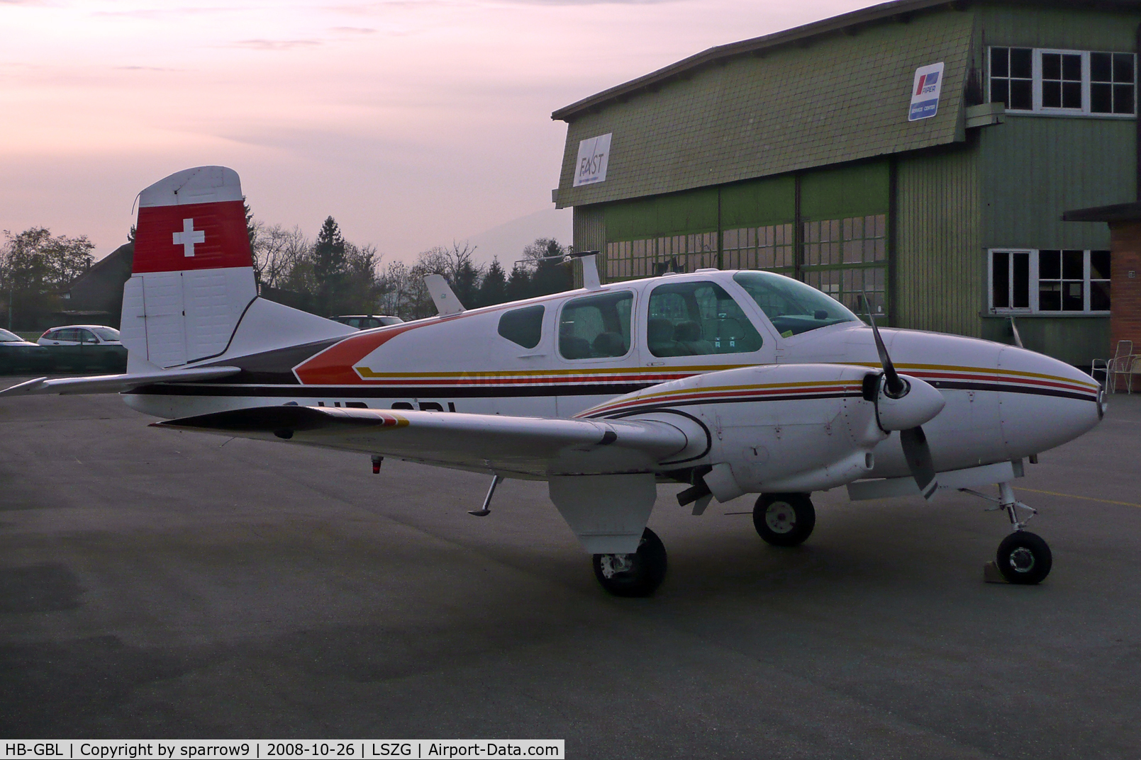 HB-GBL, 1959 Beech 95 Travel Air C/N TD-222, Autumn-evening at Grenchen. HB-registered since 1963-12-23