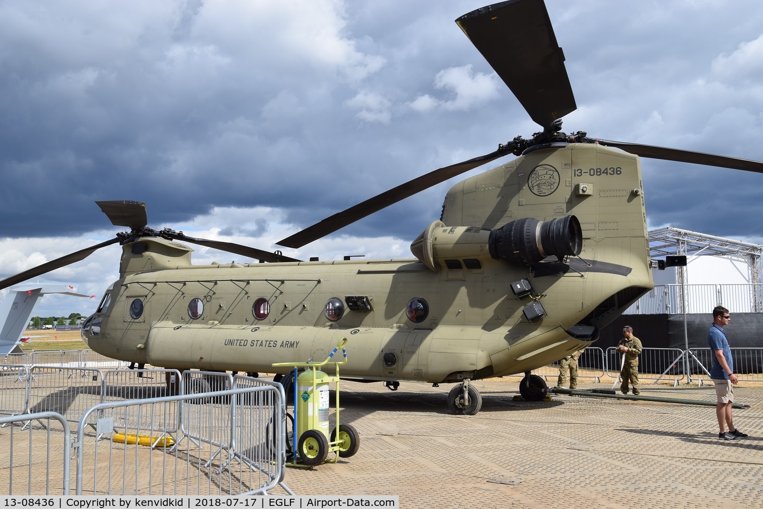 13-08436, 2015 Boeing CH-47F Chinook C/N M.8436, On static display at FIA 2018.

Note the infra red cowls on the engine exhausts.