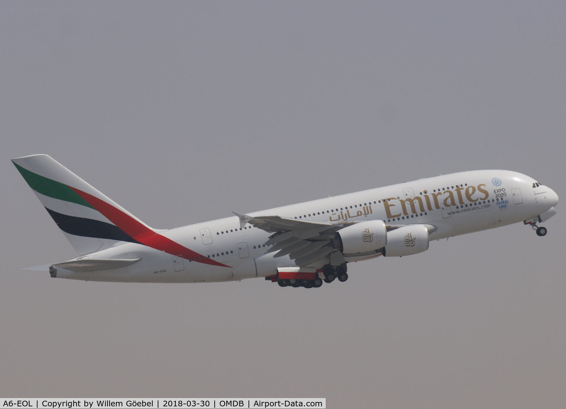 A6-EOL, 2015 Airbus A380-861 C/N 186, Take off from DUBAI INTERNATIONAL Airport