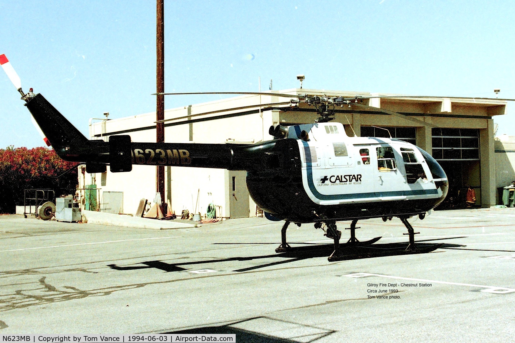 N623MB, 1986 MBB Bo-105CBS-5 C/N S-750, at Gilroy Fire Dept - Chestnut Station apprx June 1994 for training and classes working with local Fire depts. off airport.date apprx.