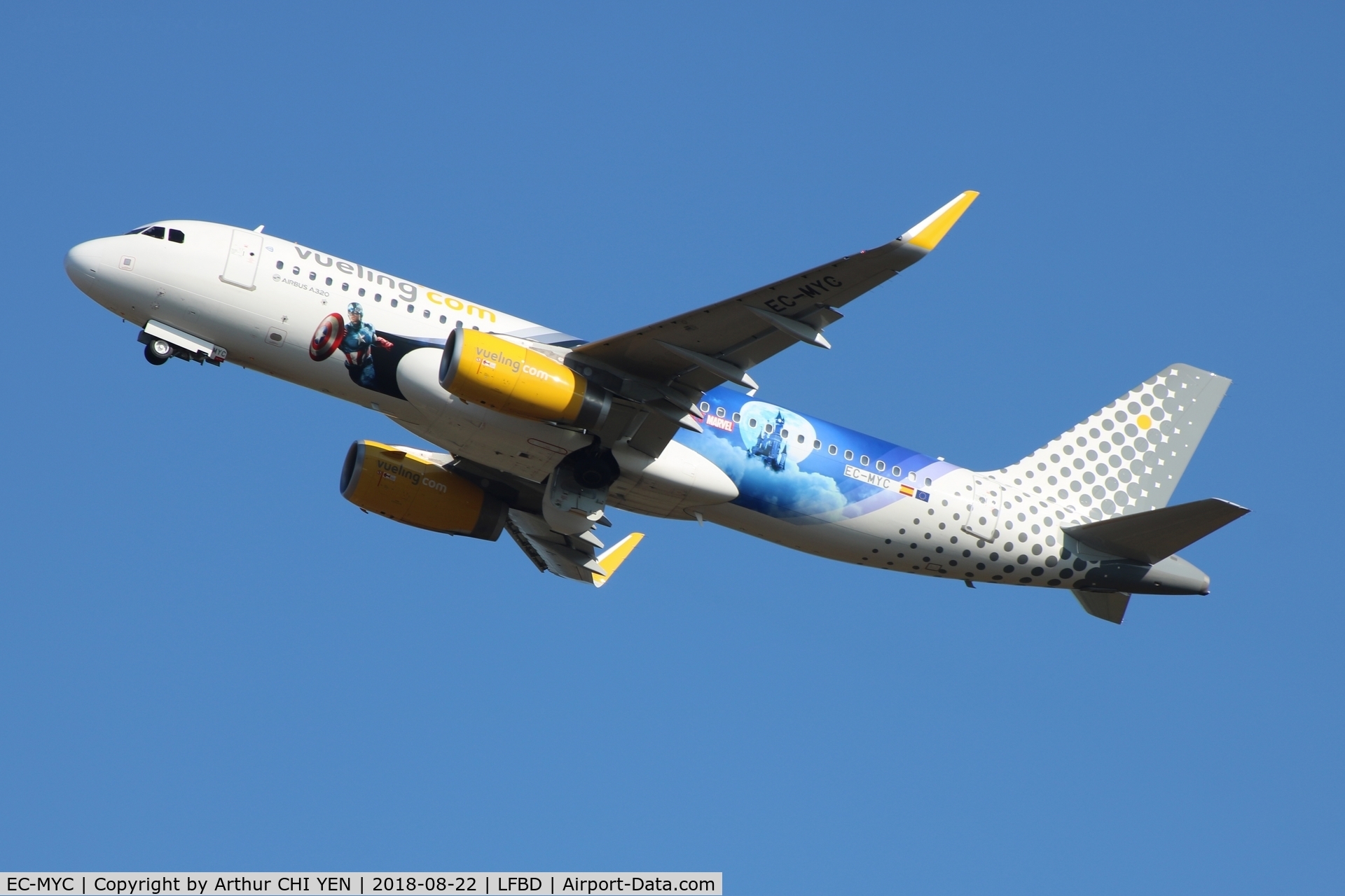 EC-MYC, 2018 Airbus A320-232 C/N 8238, Vueling A320 with Disneyland Paris Livery taking off RWY23 to Barcelona from Bordeaux