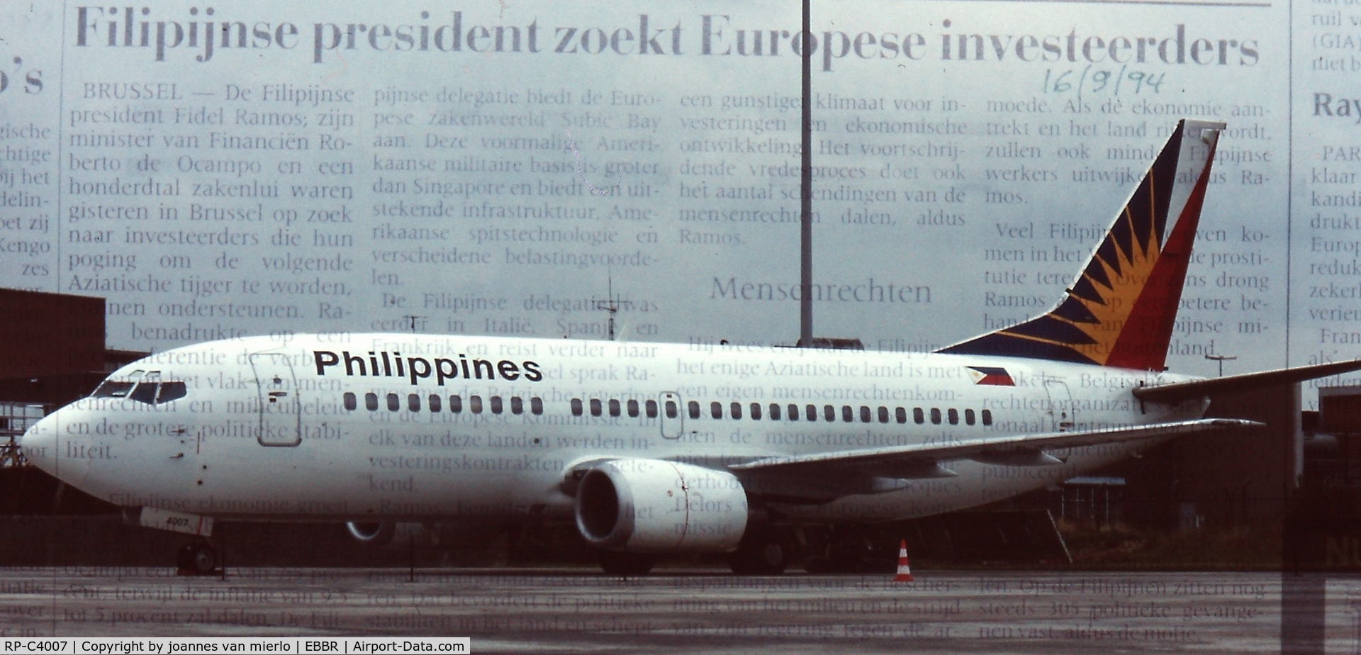 RP-C4007, 1993 Boeing 737-3Y0 C/N 25996, EBBR G.A. 1994 PRESIDENTIAL VISIT