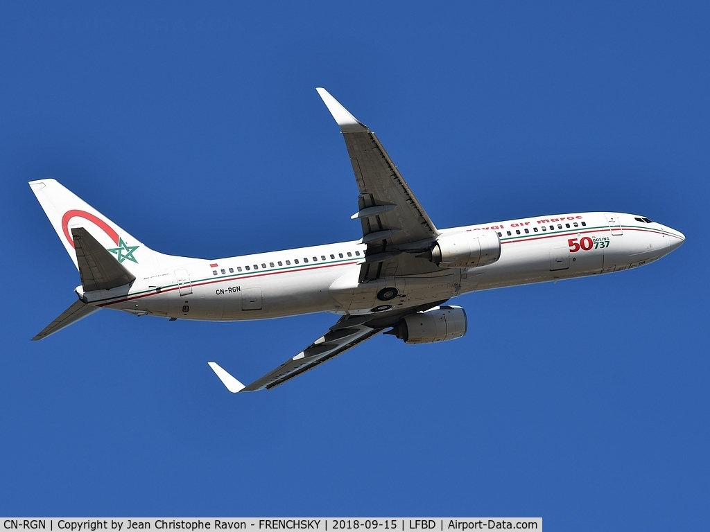 CN-RGN, 2013 Boeing 737-8B6 C/N 33075, Royal Air Maroc (50th Boeing 737 Sticker) AT793 take off runway 05 to Casablanca