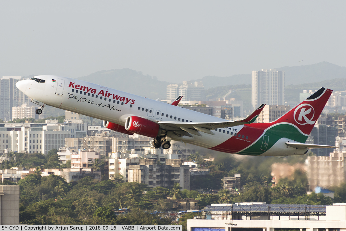 5Y-CYD, Boeing 737-8HX C/N 40553, Departing Mumbai in the evening for Nairobi as KQ211.