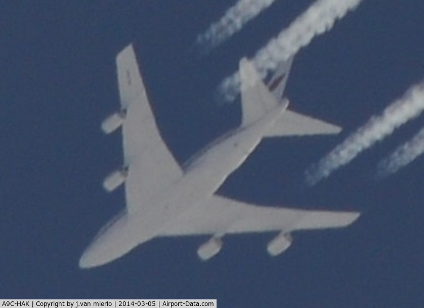 A9C-HAK, 1987 Boeing 747SP-Z5 C/N 23610/676, Over Ghent, Belgium heading W