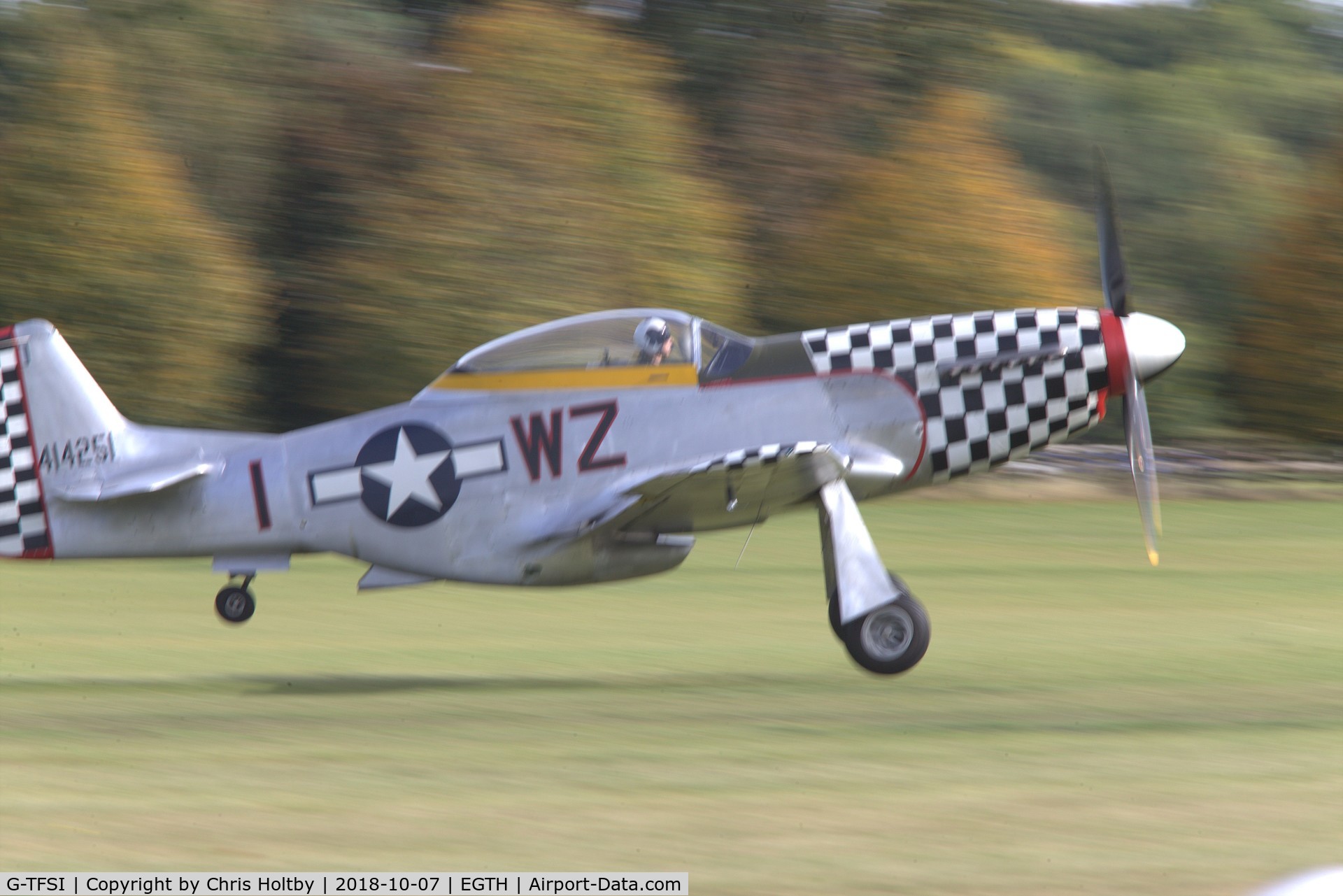 G-TFSI, 1944 North American TF-51D Mustang C/N 124-44703, Taking off at Old Warden to take part in the Shuttleworth Race Day 2018