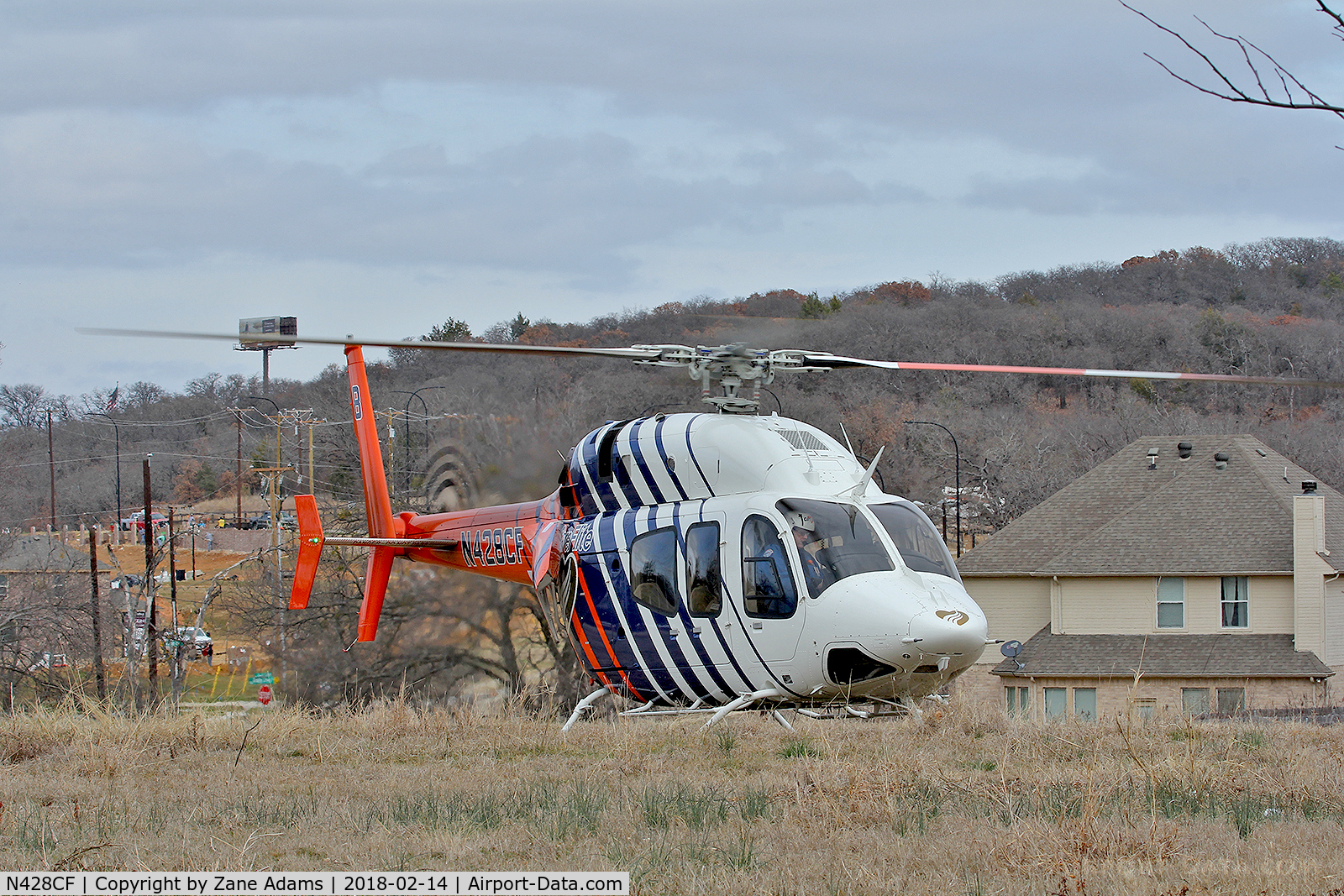 N428CF, 2014 Bell 429 GlobalRanger C/N 57228, CareFlite helicopter departing vacant lot - Kennedale, TX