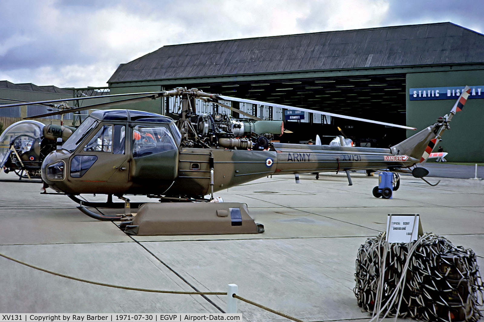 XV131, Westland Scout AH.1 C/N F9706, XV131   Westland Scout AH.1 [F.9706] (Army Air Corp) AAC Middle Wallop~G @ 30/07/1971. From a slide.