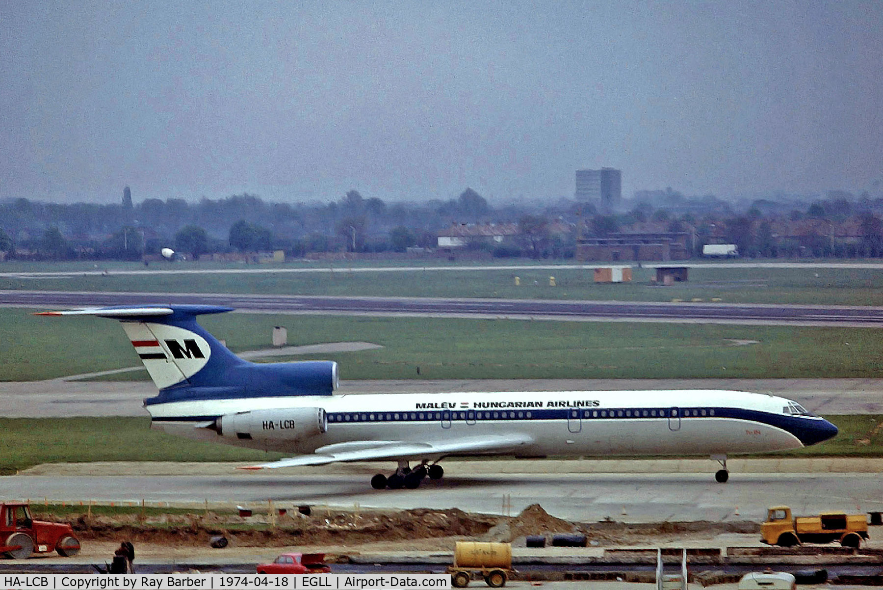 HA-LCB, 1973 Tupolev Tu-154B-2 C/N 73A046, HA-LCB   Tupolev Tu-154B-2 [73A-046] ( Malev-Hungarian Airlines) Heathrow~G 18/04/1974. From a slide. Now used by the Fire Service at Stuttgart airport and marked D-AFSG.