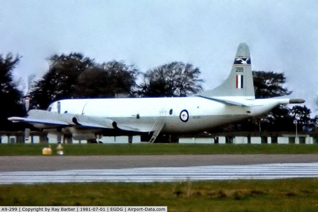 A9-299, 1969 Lockheed P-3B Orion C/N LC-5409, A9-299   Lockheed P-3AEW Orion [5409] (Royal Australian Air Force) RAF St Mawgan-Newquay~G 01/07/1981 . From a slide not the best of images.