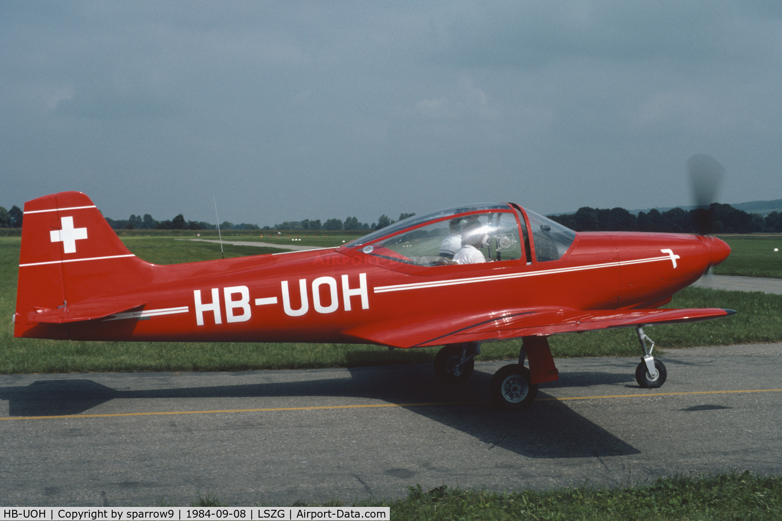 HB-UOH, 1956 Aviamilano F-8L Falco Series 1 C/N 105, At Grenchen airport. Scanned from a slide.