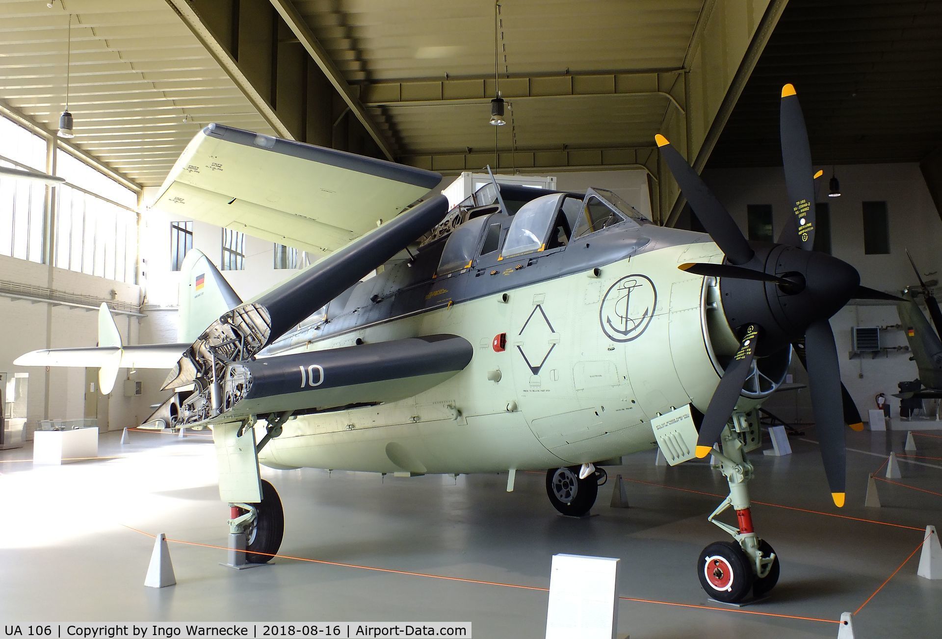 UA 106, Fairey Gannet AS.4 C/N F9391, Fairey Gannet AS4, shown in its original markings as UA+110, at the Luftwaffenmuseum (German Air Force museum), Berlin-Gatow