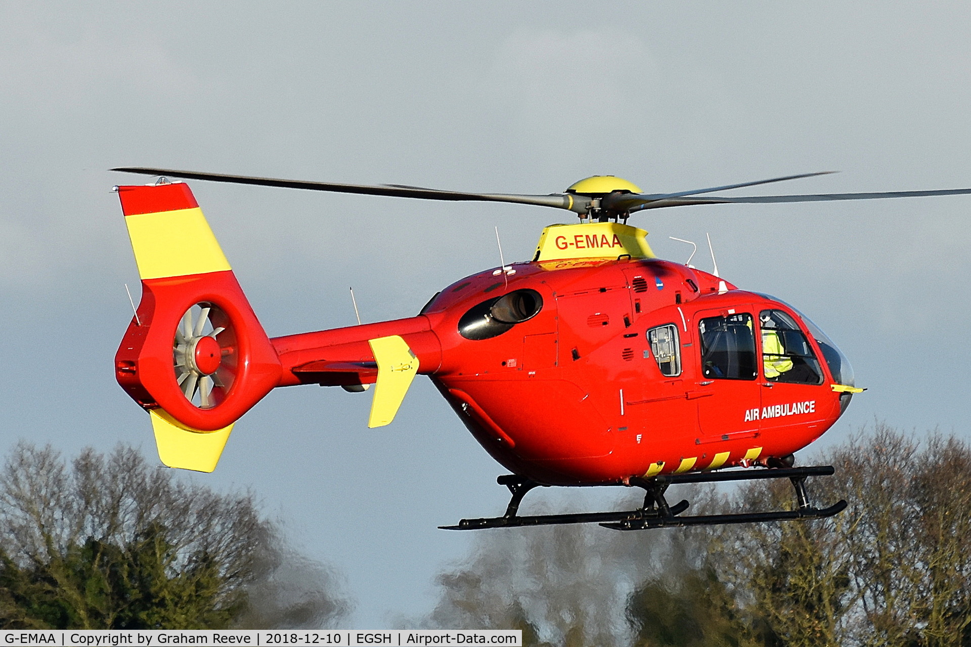 G-EMAA, 2005 Eurocopter EC-135T-2 C/N 0448, Departing from Norwich.