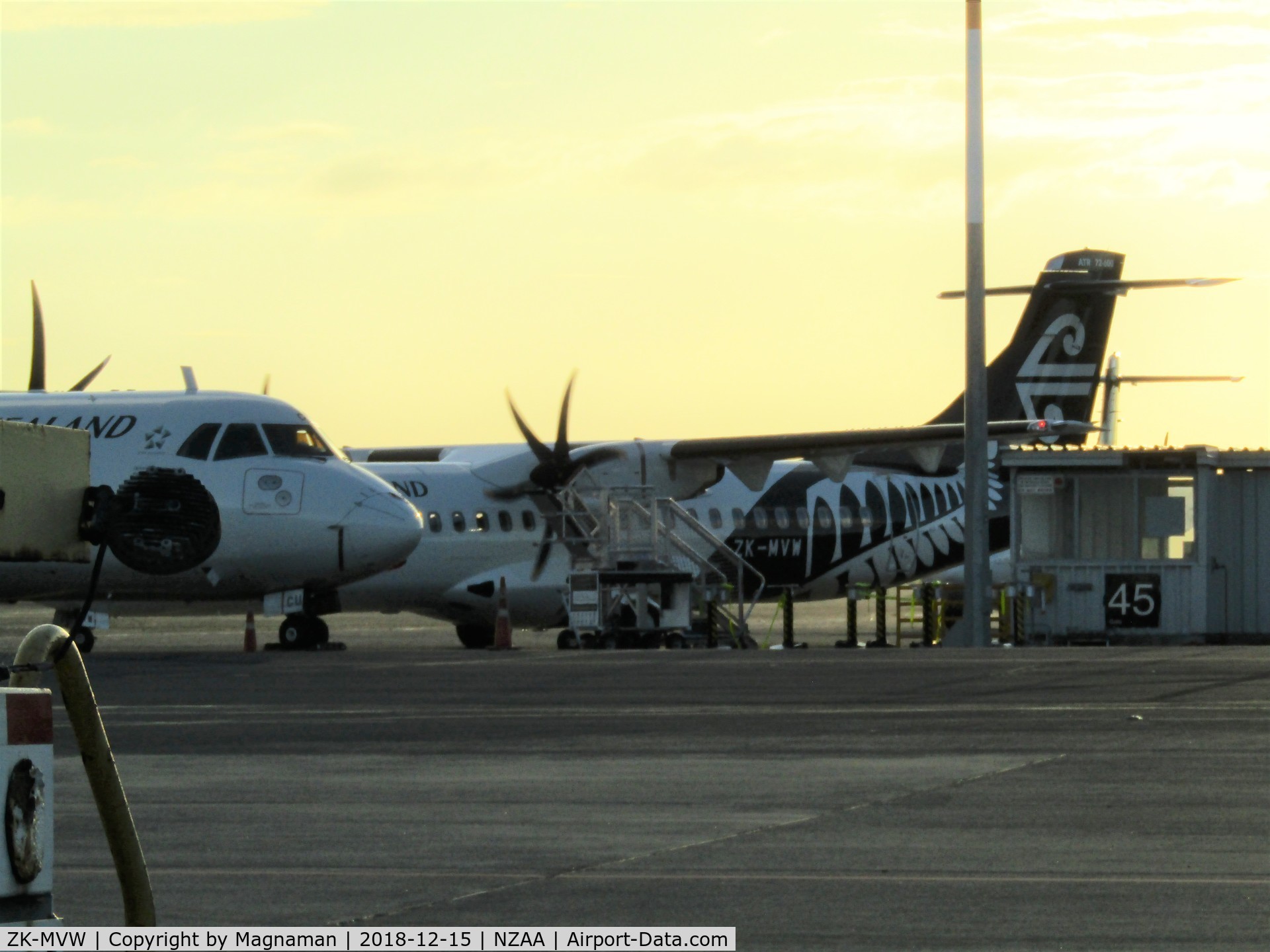 ZK-MVW, 2018 ATR 72-600 C/N 1525, my first sighting in evening sun on crowded domestic apron
