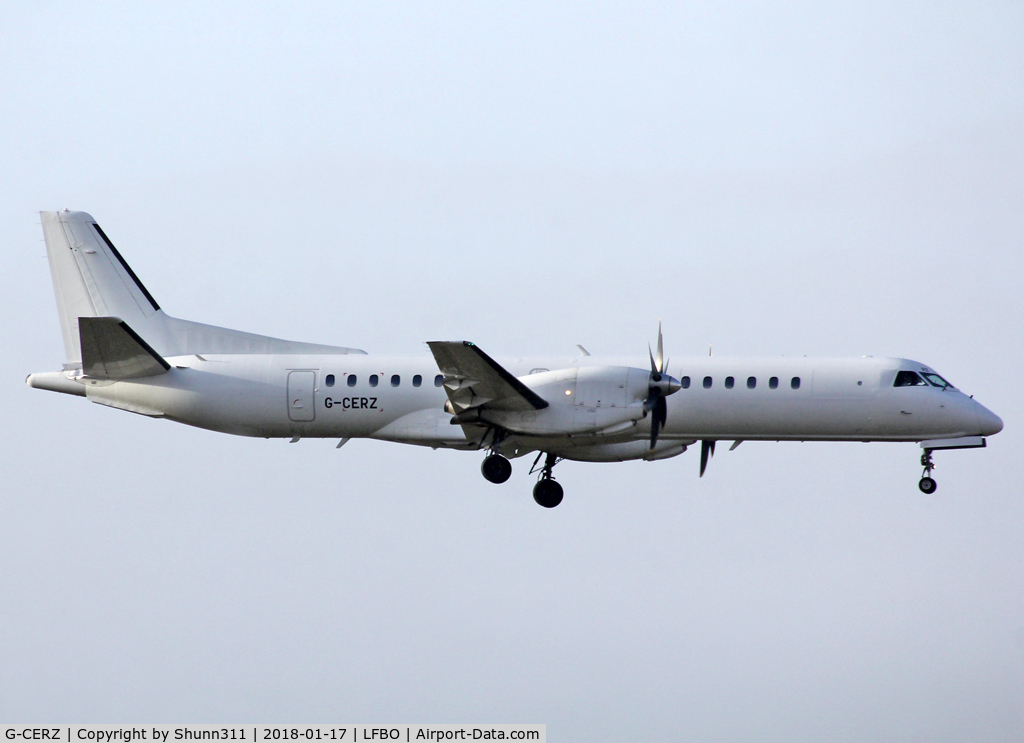G-CERZ, 1997 Saab 2000 C/N 2000-042, Landing rwy 32L in all white c/s without titles... Operated by Eastern Airways