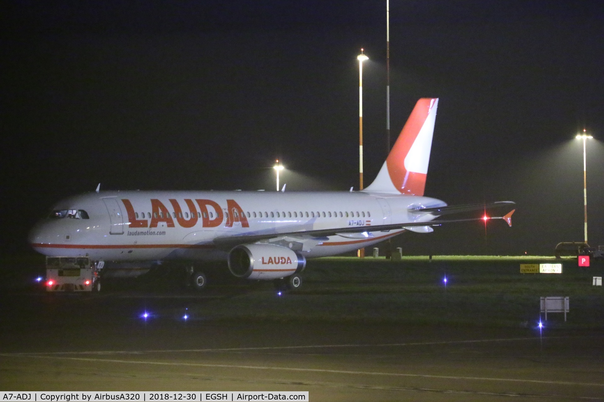 A7-ADJ, 2004 Airbus A320-232 C/N 2288, Seen at Norwich being towed from the paint shop , repainted into Laudamotion new livery