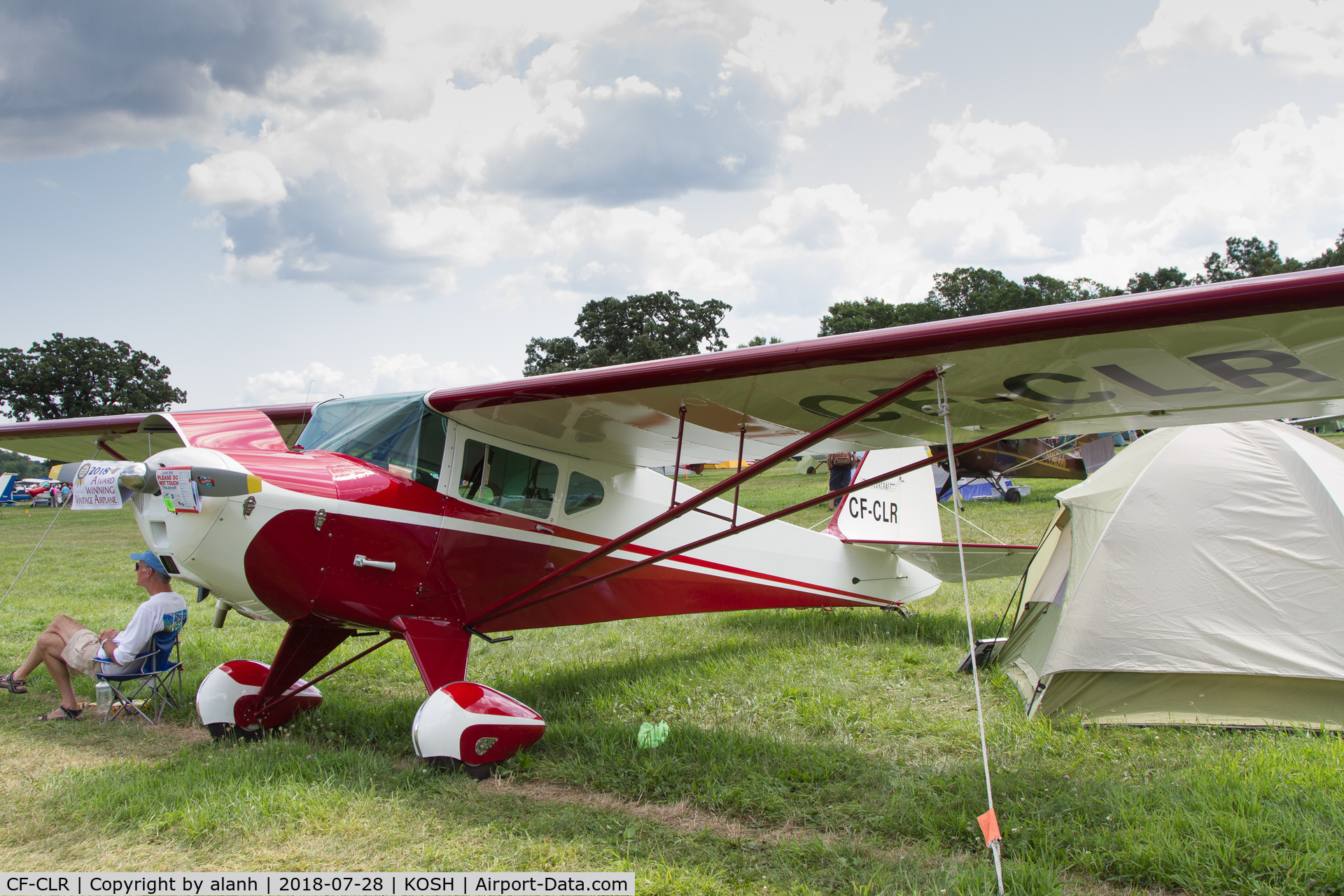 CF-CLR, 1946 Taylorcraft BC-12 C/N 8886, In the vintage park at AirVenture 2018, complete with notice (on the prop) about winning the Best Taylorcarft award
