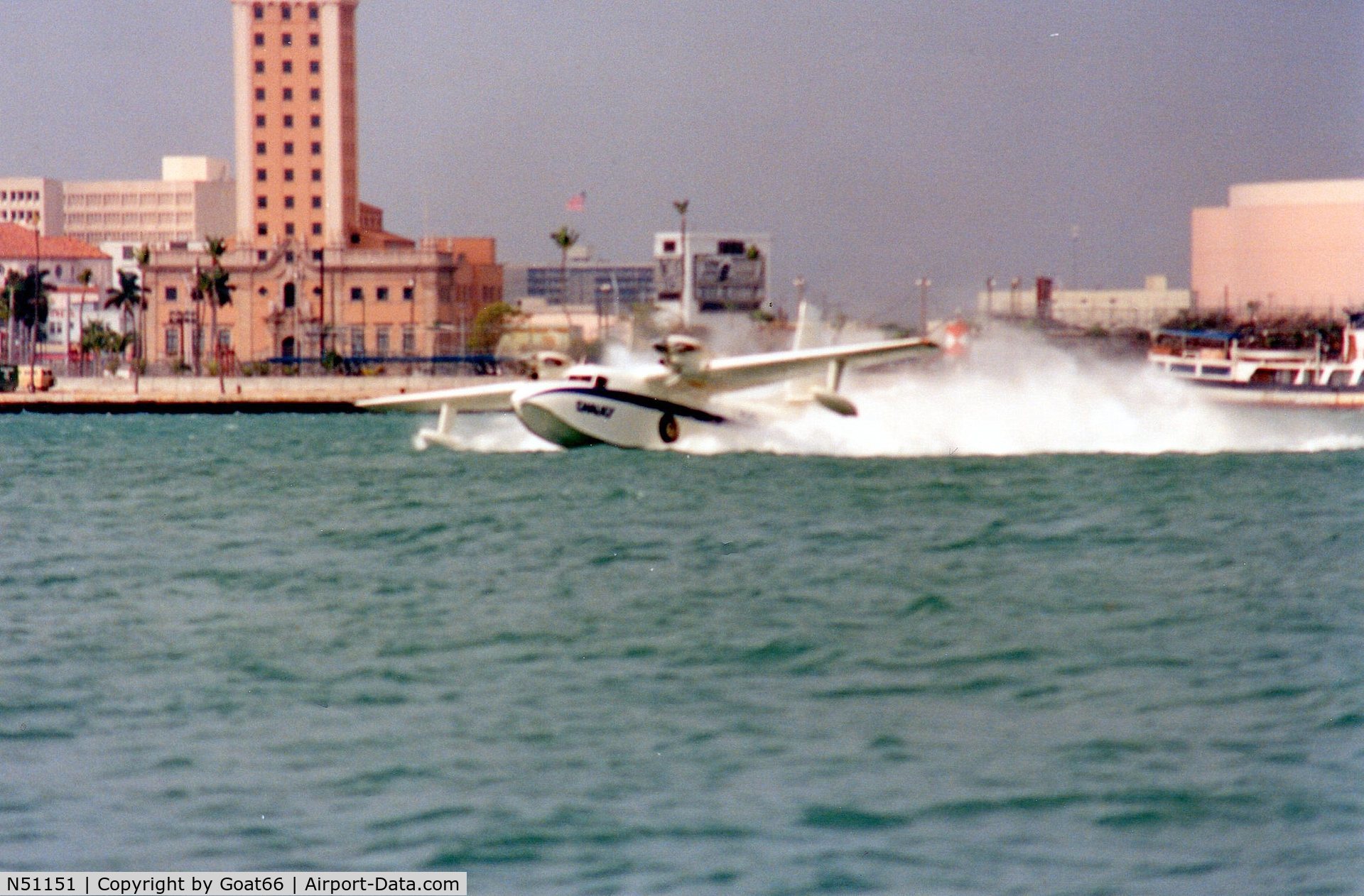 N51151, 1949 Grumman G-73 Mallard Mallard C/N J-42, Bouncing after landing offshore Miami Seaplane Base, Watson Island, March 1990