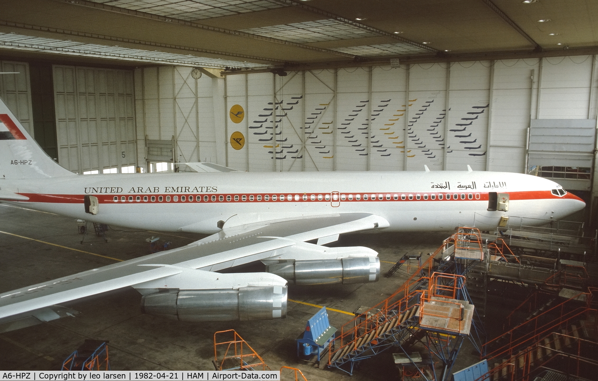 A6-HPZ, 1974 Boeing 707-3L6B C/N 21049, Hamburg 21.4.1982 on maintenance with Lufthansa.