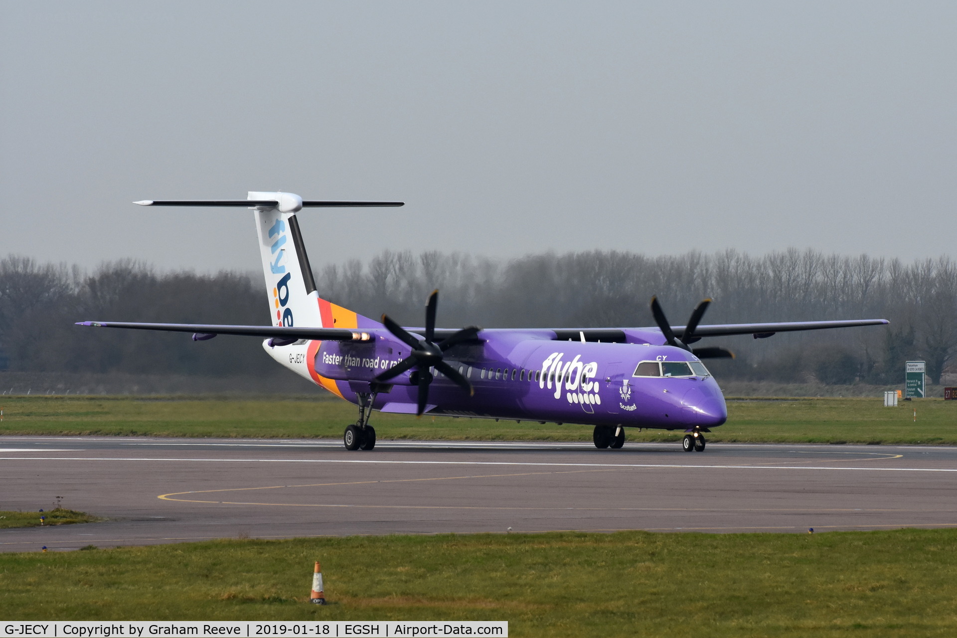 G-JECY, 2007 De Havilland Canada DHC-8-402Q Dash 8 C/N 4157, Departing from Norwich with Scotland logo and Thistle on the front.