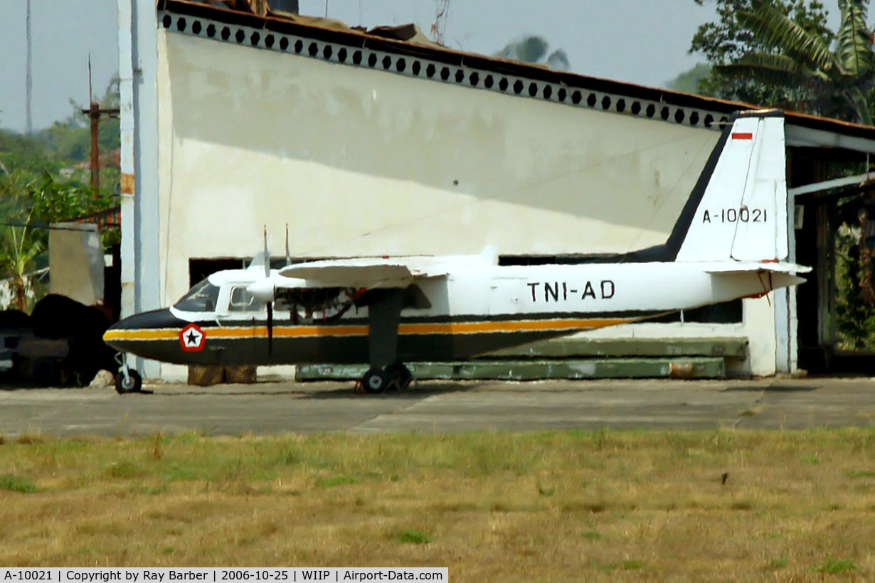 A-10021, 1974 Britten-Norman BN-2A-6 Islander C/N 713, A-10021   Britten-Norman BN-2A-27R  Islander [0713] (Indonesian Army) Jakarta-Pondok Cabe~PK 25/10/2006. Problem with heat haze.