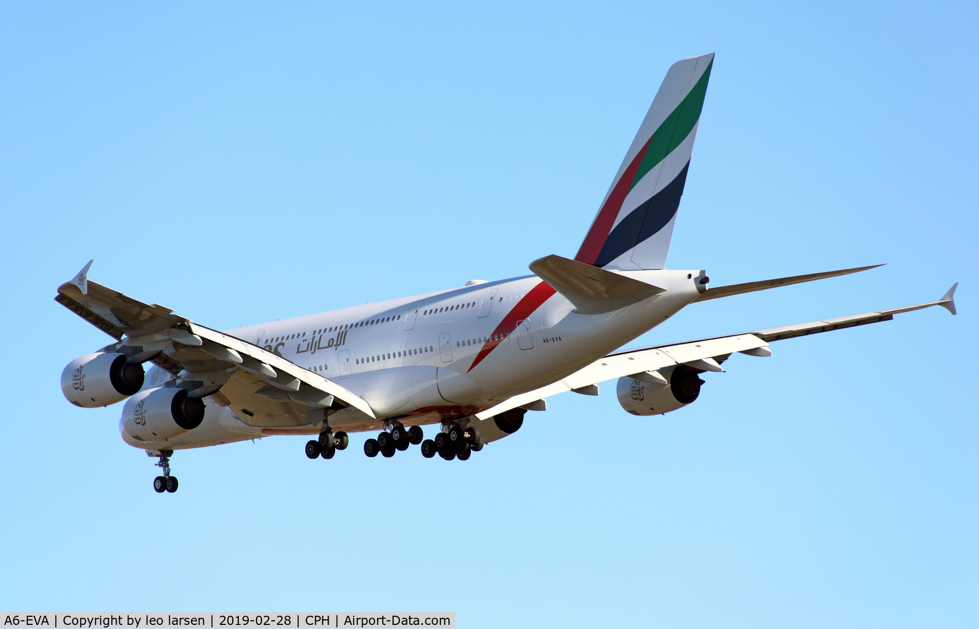 A6-EVA, 2018 Airbus A380-842 C/N 167, Copenhagen 28.2.2019 L/D R-04R