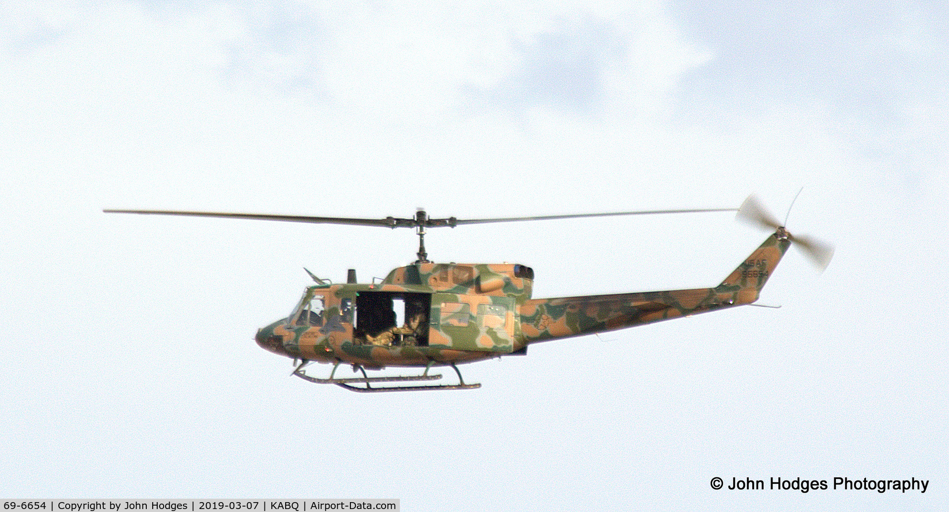 69-6654, 1969 Bell UH-1N Iroquois C/N 31060, In Spotted Camo returning back to base at Kirtland with PJs on board.