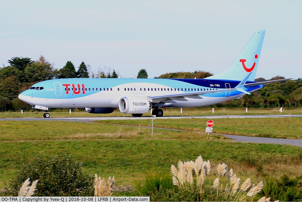 OO-TMA, 2018 Boeing 737-8 MAX C/N 44590, Boeing 737-8 MAX, Take off run rwy 25L, Brest-Bretagne airport (LFRB-BES)