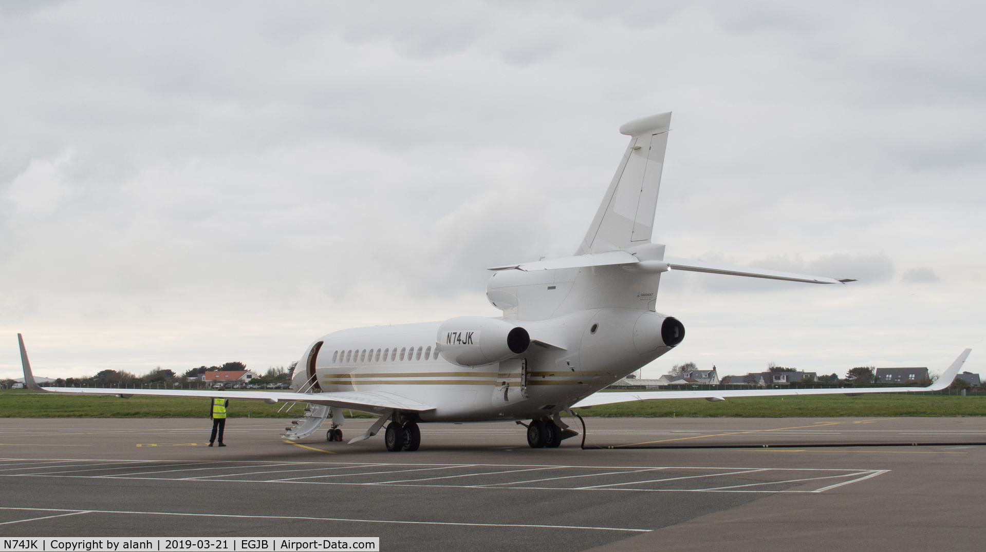 N74JK, 2011 Dassault Falcon 7X C/N 136, Refueling outside the Aigle hangar at Guernsey, following a registration change from HZ-SPAJ