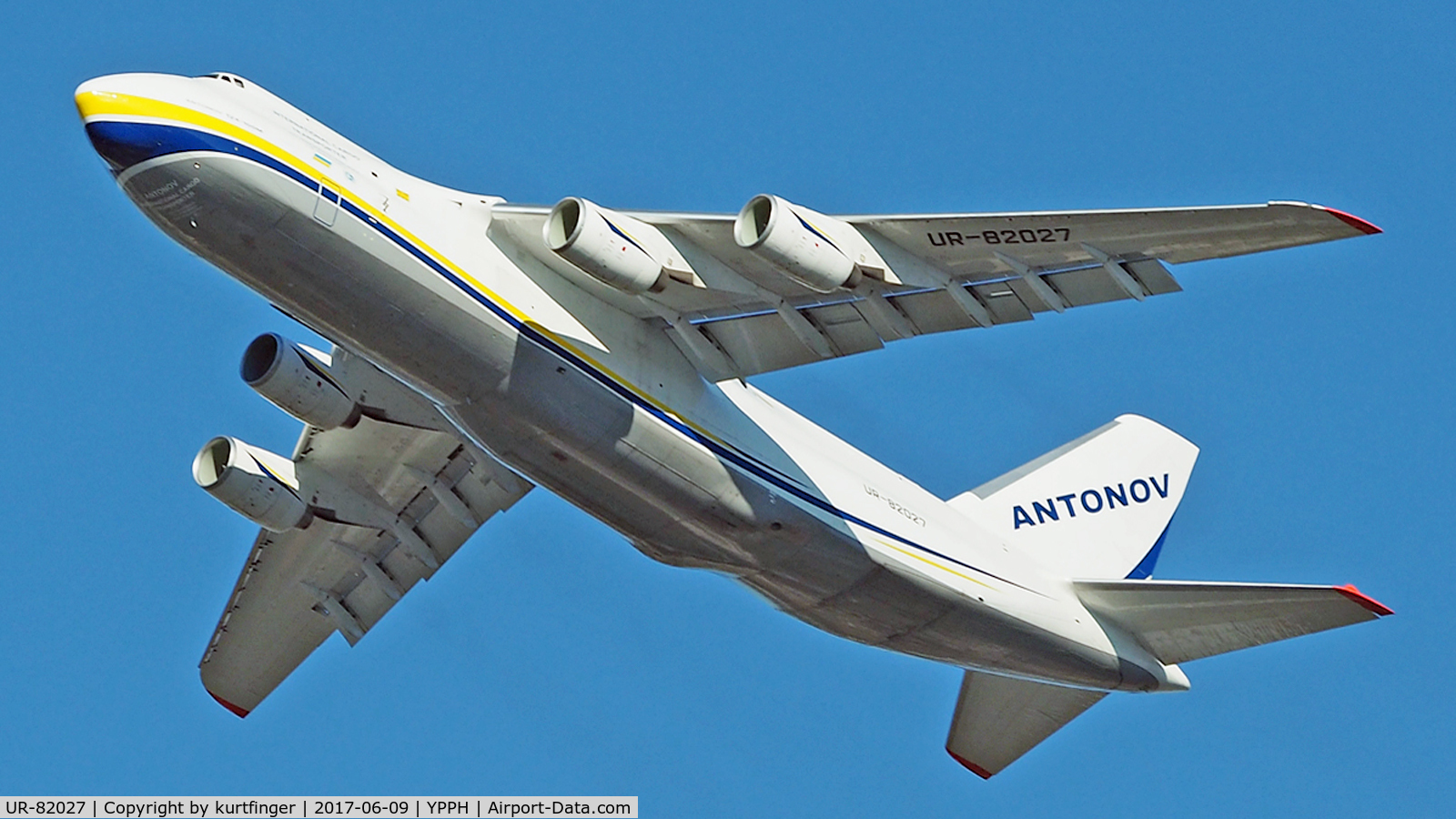UR-82027, 1990 Antonov An-124-100 Ruslan C/N 19530502288, Antonov Design Bureau AN-124.  UR-82027 departed runway 03, YPPH, Lilac Hill Park 09/06/17.