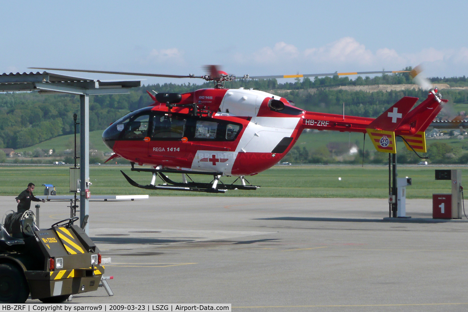 HB-ZRF, 2008 Eurocopter-Kawasaki EC-145 (BK-117C-2) C/N 9215, To refuel at Grenchen