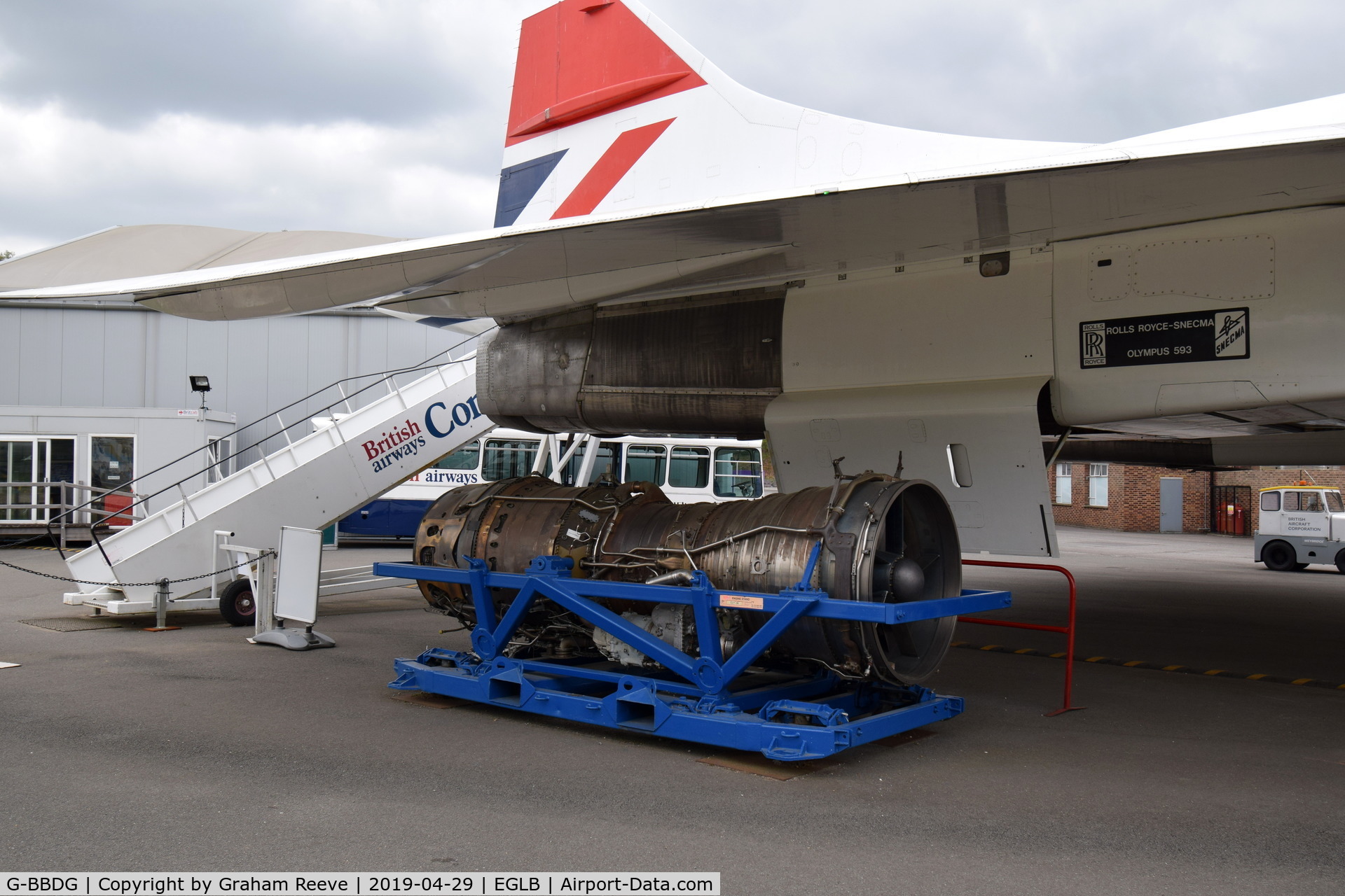 G-BBDG, 1973 BAC Concorde 100 C/N 202, On display at the Brooklands Museum with Olympus engine under the wing.