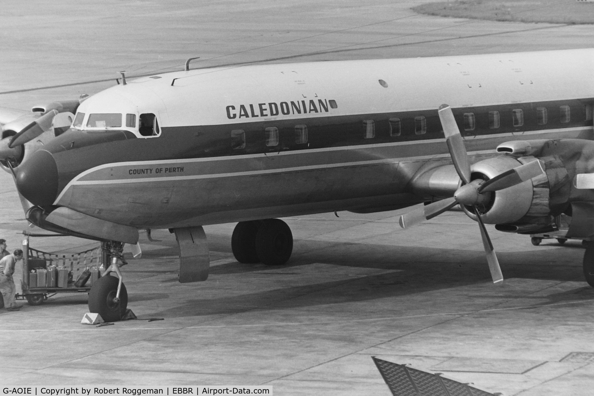 G-AOIE, 1956 Douglas DC-7C Seven Seas Seven Seas C/N 45115, Mis 196C's.ALEDONIAN.COUNTY OF PERTH.