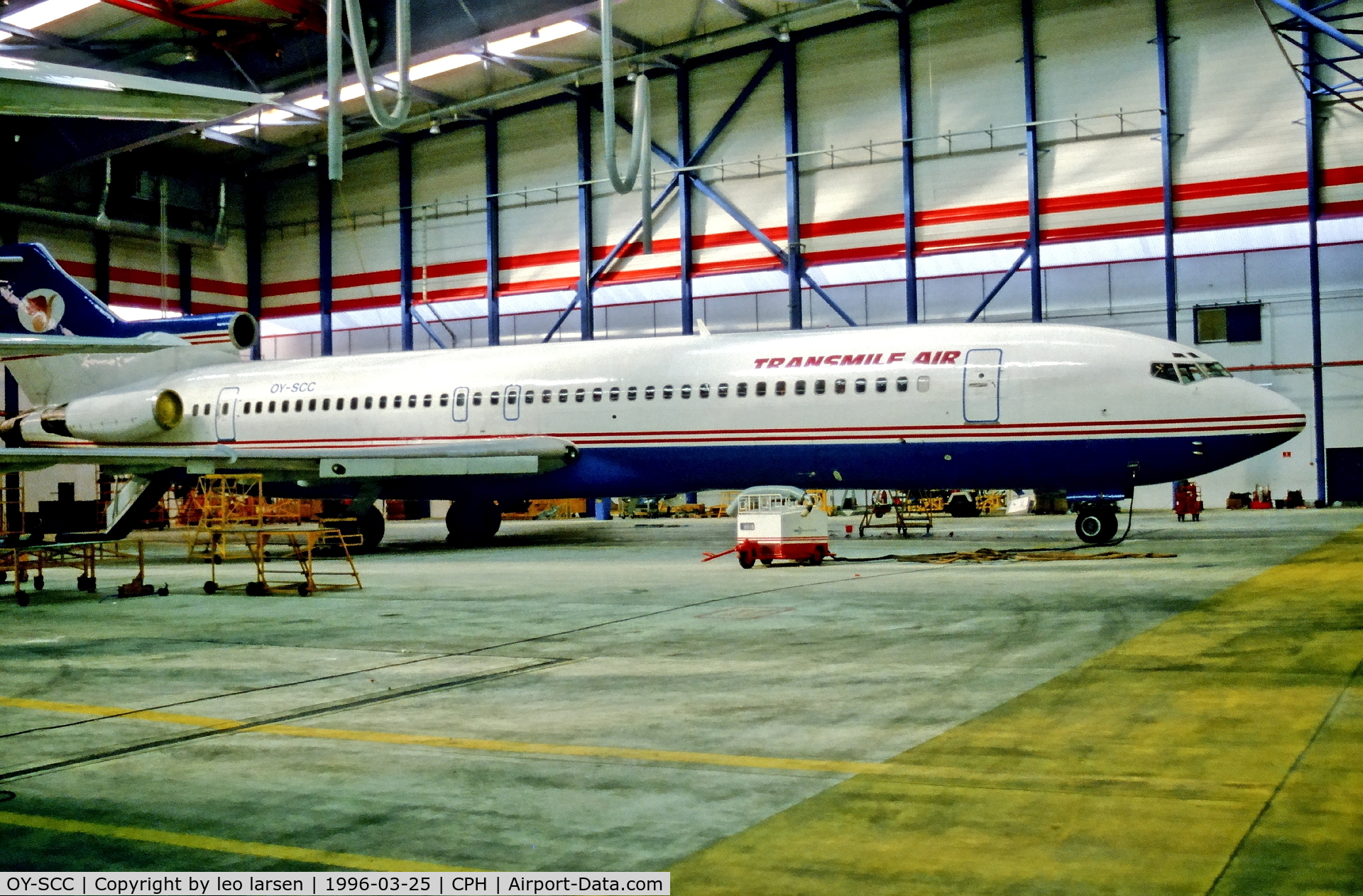 OY-SCC, 1979 Boeing 727-212 C/N 21945, Copenhagen 25.3.1996 after lease to Transmile Air , Malaysia.