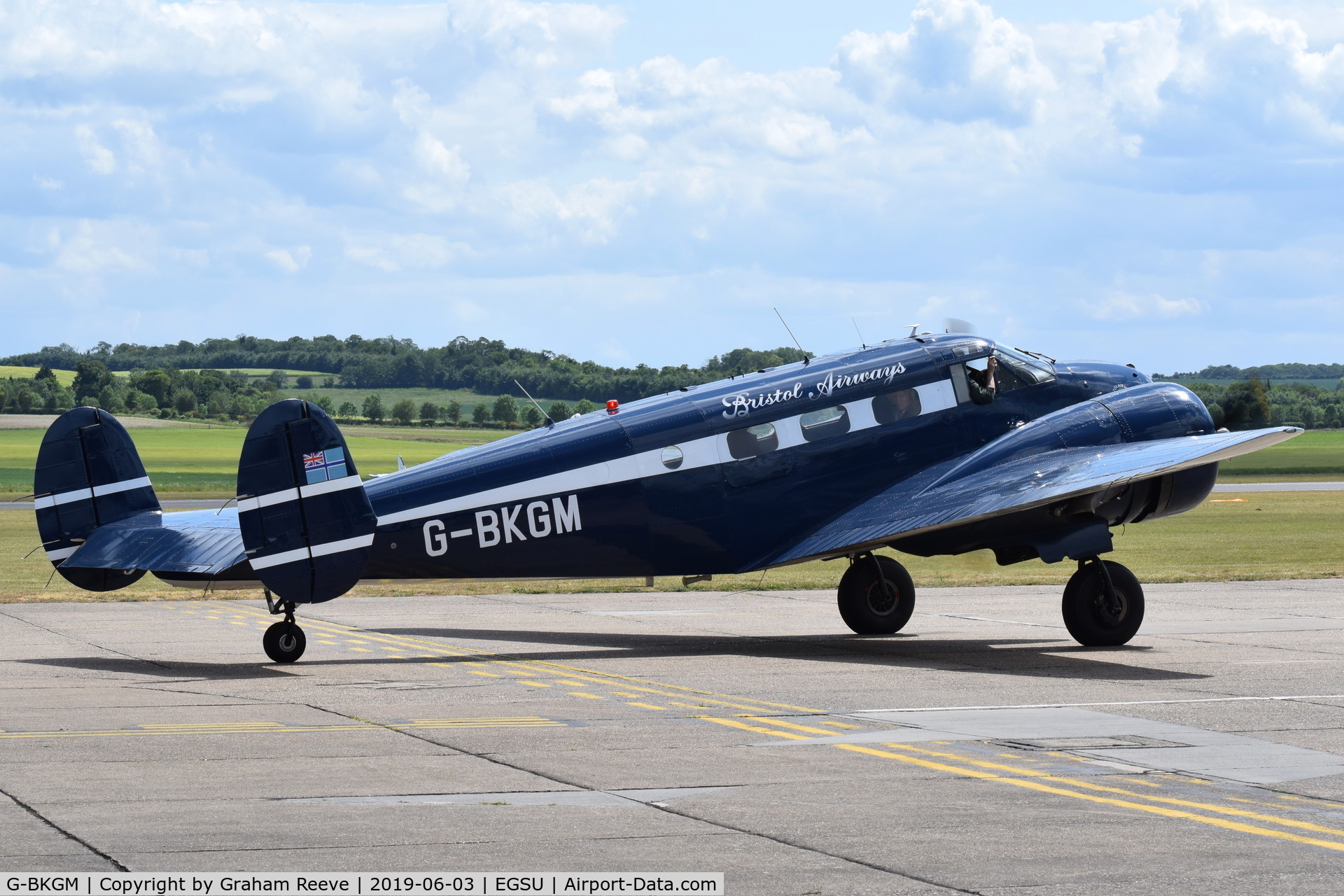 G-BKGM, 1952 Beech Mk.3NM Expeditor C/N A-853/CA-203, Departing from Duxford.