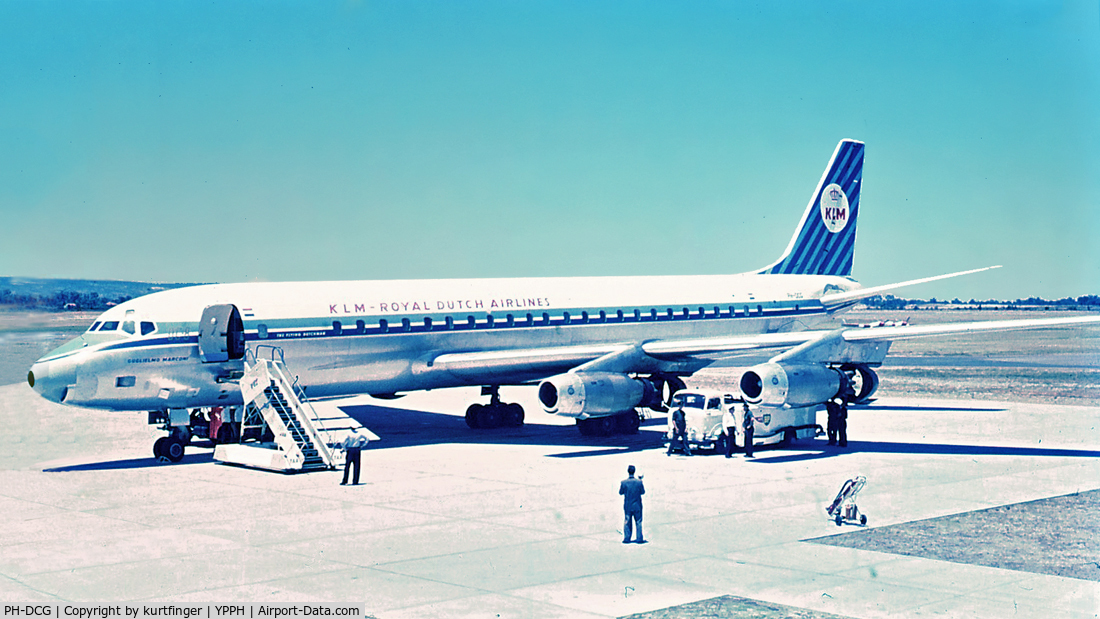 PH-DCG, 1960 Douglas DC-8-32 C/N 45382, Douglas DC 8-32. KLM PH-DCG. Perth airport January 1963
