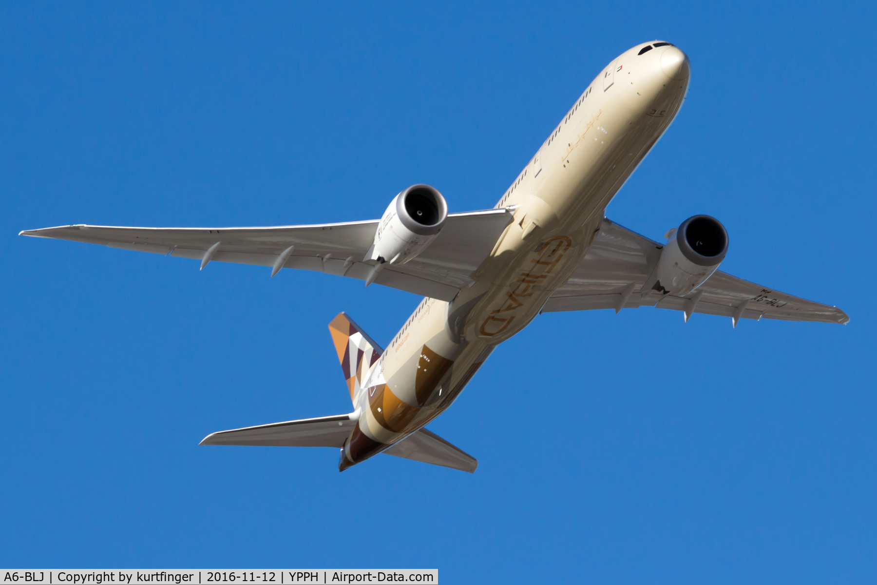 A6-BLJ, 2016 Boeing 787-9 Dreamliner Dreamliner C/N 39657, Boeing 787. Etihad A6-BLJ departed runway 21 YPPH. 12/11/16