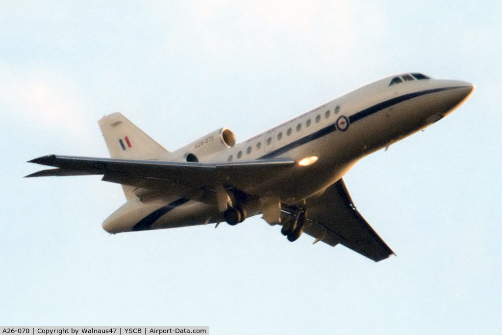 A26-070, 1989 Dassault Falcon 900 C/N 070, Low res view of RAAF 34 Squadron VIP Falcon 900 A26-070 Cn 070 taking off (with Lights On) from Canberra's Rwy 35 shortly before sunset in May 1992. This was one of five F900s then being operated as 'Special Purpose Aircraft' by 34 Squadron.
