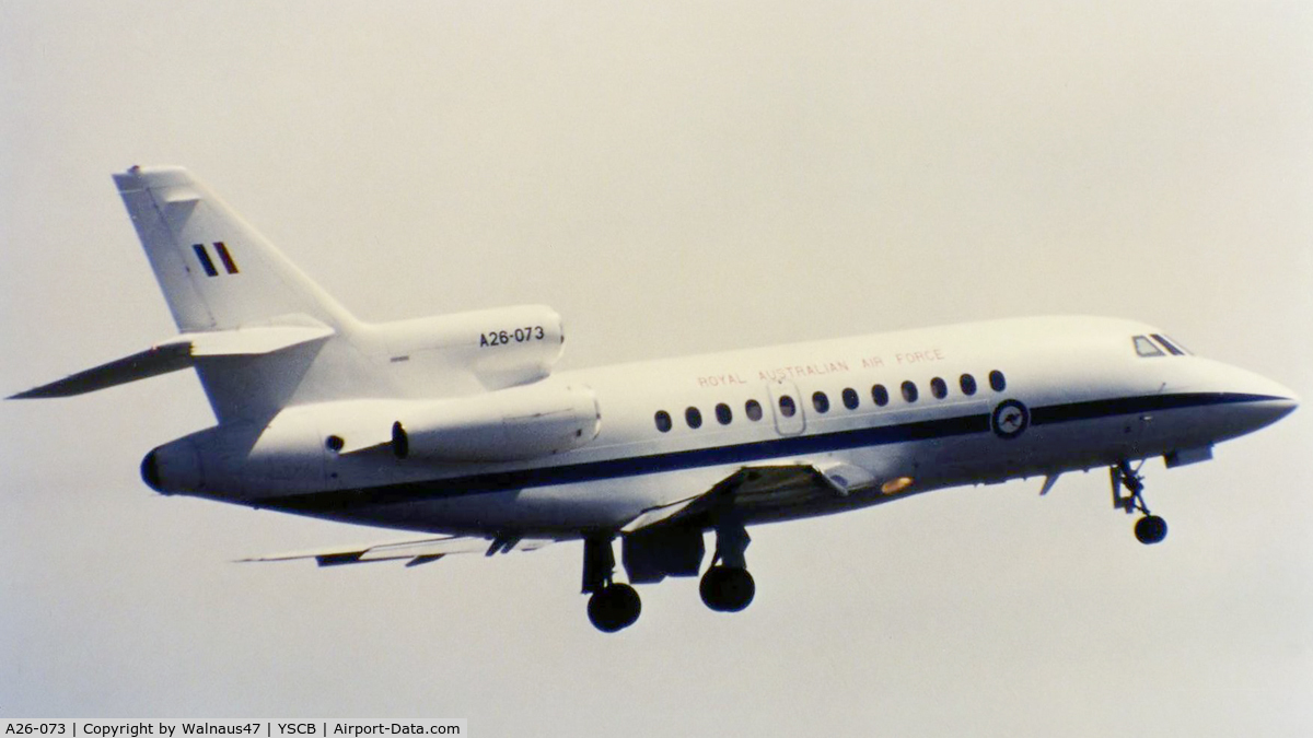 A26-073, 1989 Dassault Falcon 900 C/N 073, Low res rear Stbd view of RAAF 34 Squadron VIP Falcon 900 A26-073 Cn 073 taking off from Canberra's Rwy 35 during 1999. This was one of five F900s then being operated as 'Special Purpose Aircraft' by 34 Squadron. The aircraft wheels are still extended.