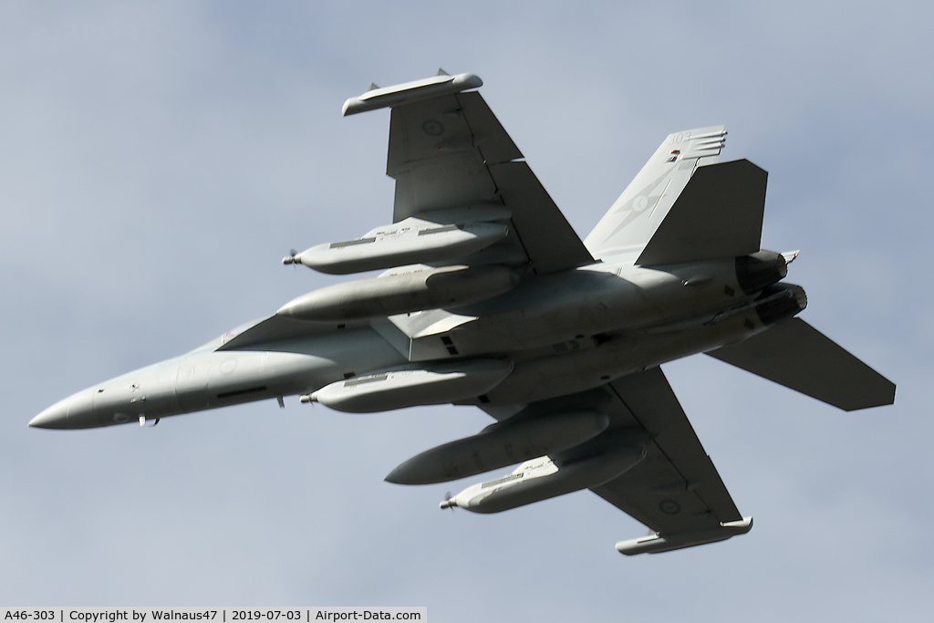 A46-303, Boeing EA-18G Growler C/N AG-3, Port view of RAAF Boeing EA-18G Growler A46-303 Cn AG-3, taken over Russell Offices Canberra on the morning of 03Jul2019. The Flypast was for the Chief of Air Force ‘Change of Command’ Ceremony. (Low Res).
