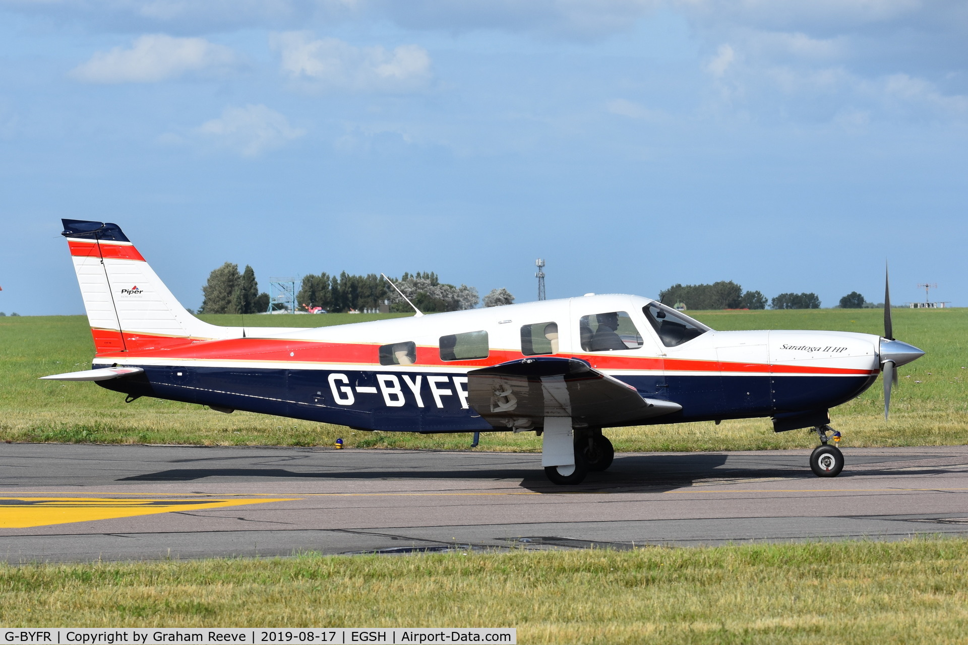 G-BYFR, 1999 Piper PA-32R-301 Saratoga SP C/N 3246133, Departing from Norwich.