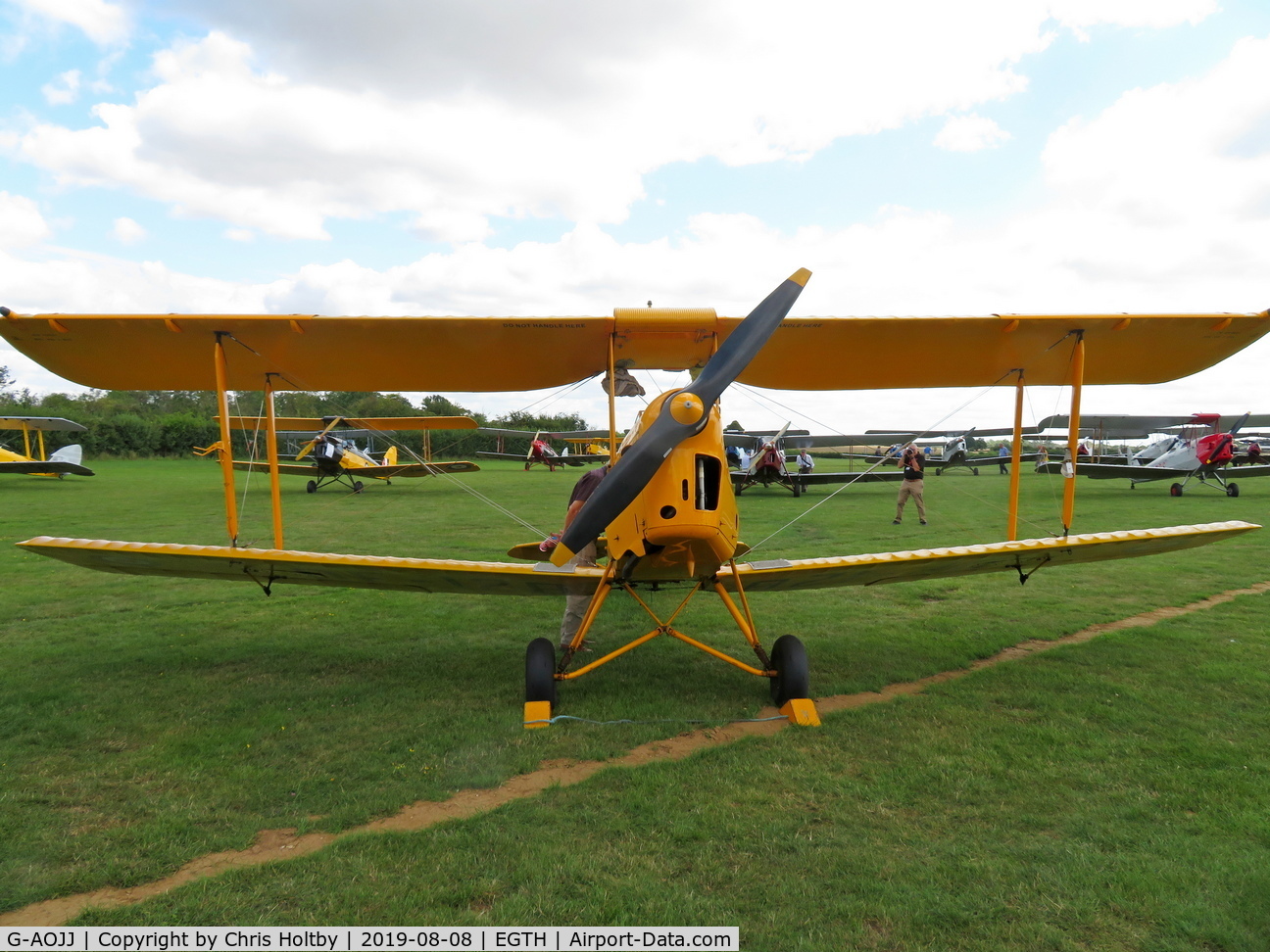 G-AOJJ, 1942 De Havilland DH-82A Tiger Moth II C/N 85877, Head on view of the 1942 Tiger Moth at the Old Warden 'Gathering of Moths' 2019