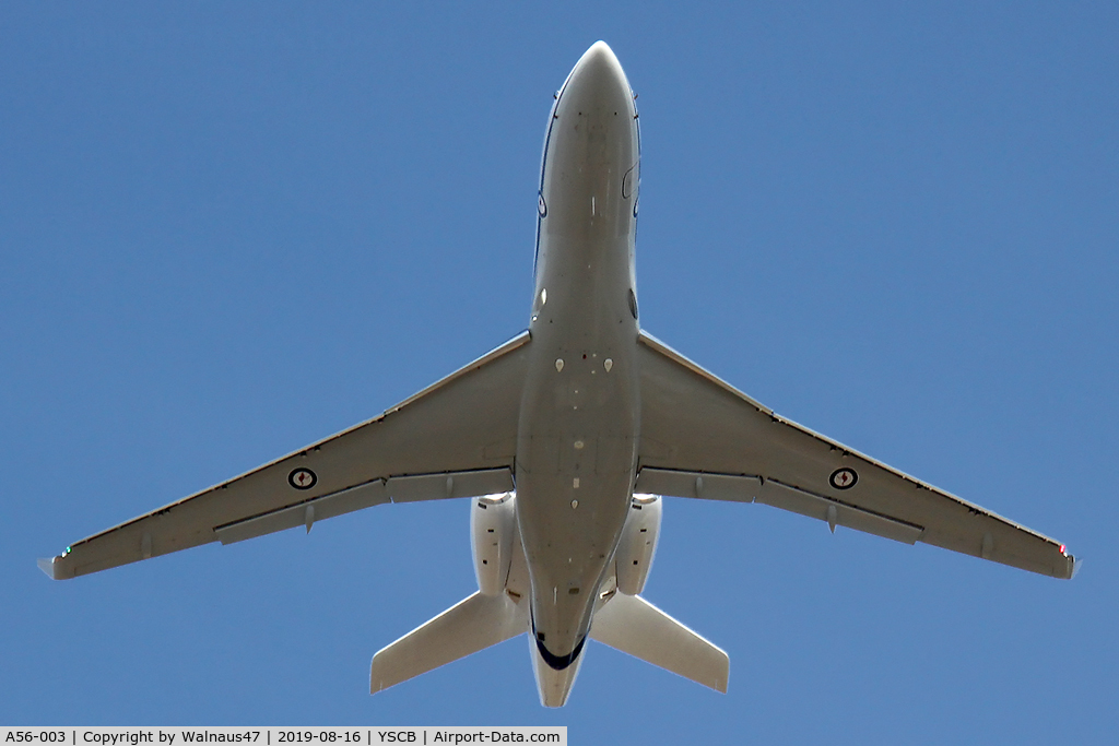 A56-003, Dassault Falcon 7X C/N 283, Front view of RAAF 34 Squadron Dassault Falcon 7X Serial A56-003 Cn 285, shown climbing out from Rwy 35 at Canberra International Airport (YSCB) on 16Aug2019. Three new Falcon 7X Bizjets have replaced the three Challenger 601s previously operated by 34Sqn
