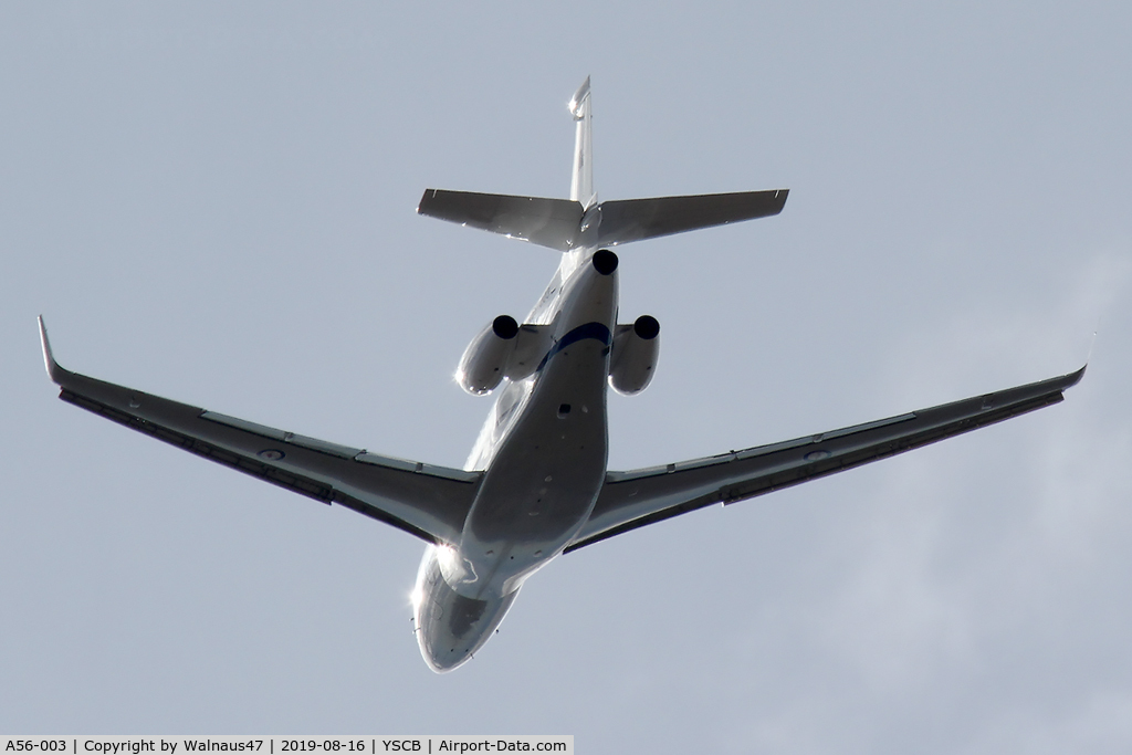 A56-003, Dassault Falcon 7X C/N 283, Rear view of RAAF 34 Squadron Dassault Falcon 7X Serial A56-003 Cn 285, shown climbing out from Rwy 35 at Canberra International Airport (YSCB) on 16Aug2019. Three Falcon 7X Bizjets have replaced the three Challenger 601s previously operated by 34Sqn