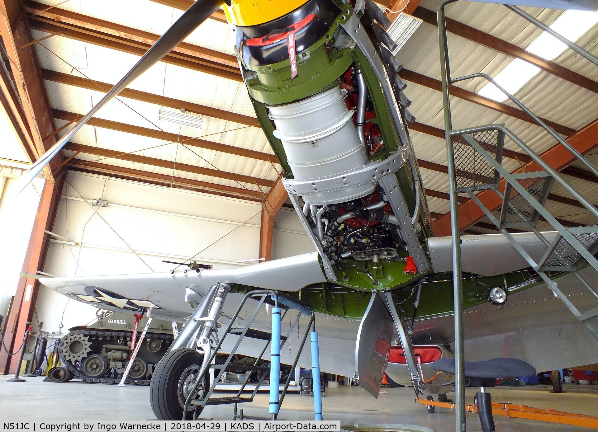 N51JC, 1944 North American P-51D Mustang C/N 122-38798, North American P-51D Mustang in the maintenance hangar at the Cavanaugh Flight Museum, Addison TX