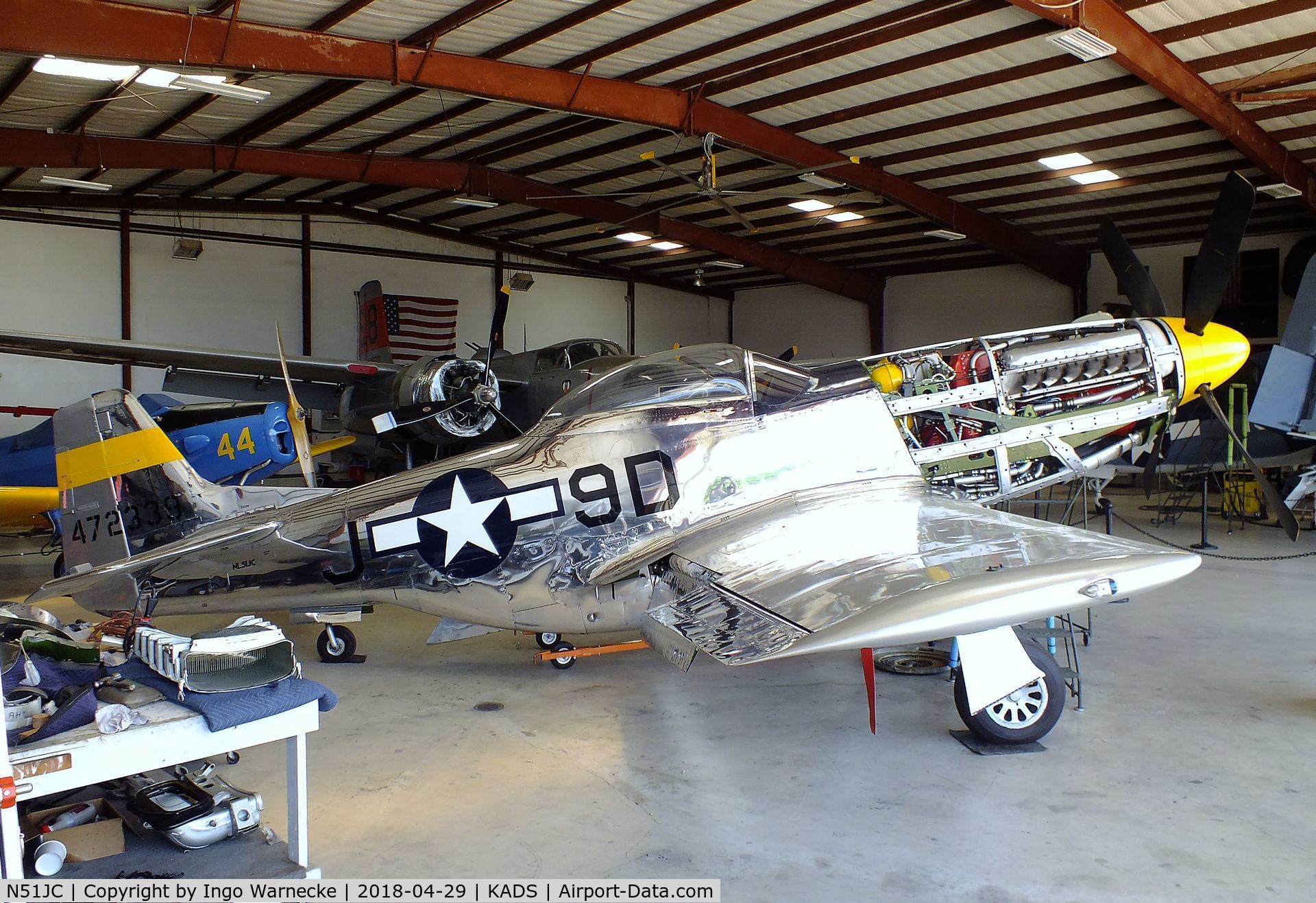 N51JC, 1944 North American P-51D Mustang C/N 122-38798, North American P-51D Mustang in the maintenance hangar at the Cavanaugh Flight Museum, Addison TX