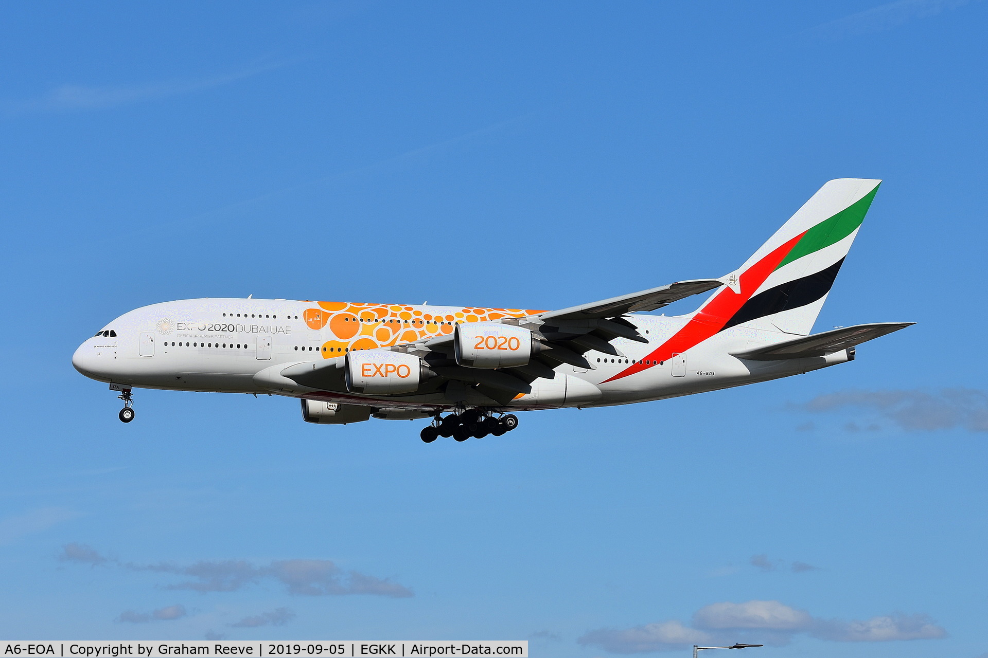 A6-EOA, 2014 Airbus A380-861 C/N 159, Landing at Gatwick.